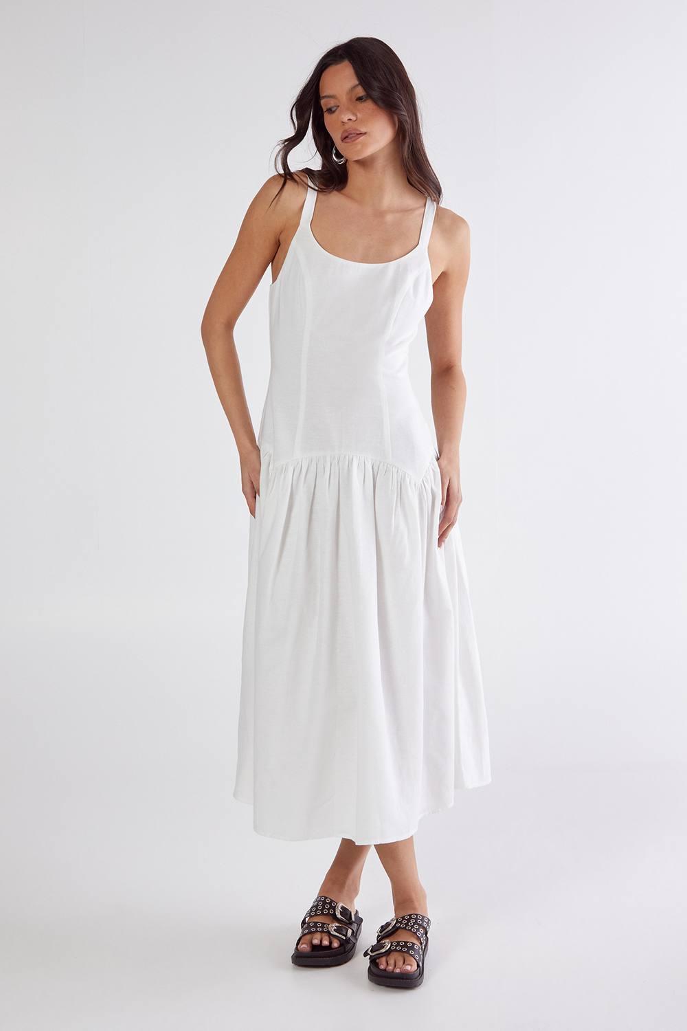 sachin and babi light blue dress Nasty Gal Linen Mix Drop Waist Seamed Midi Dress in White