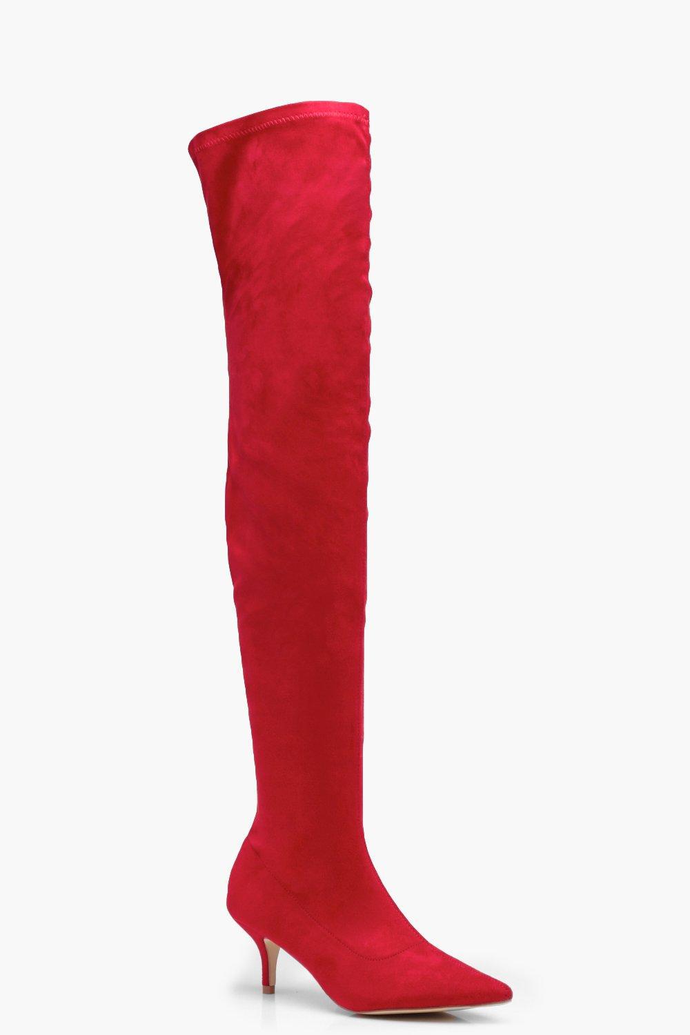 red over the knee high heel boots
