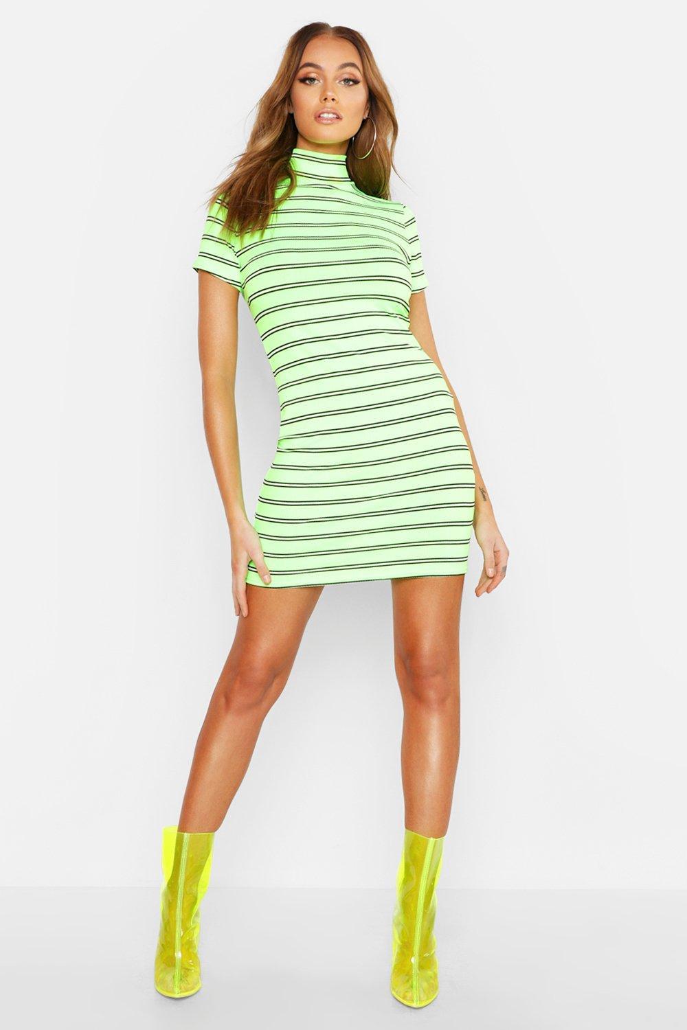 Lipsy v neck floral applique bodycon dress Boohoo ribbed bodycon dress with high neck in neon green