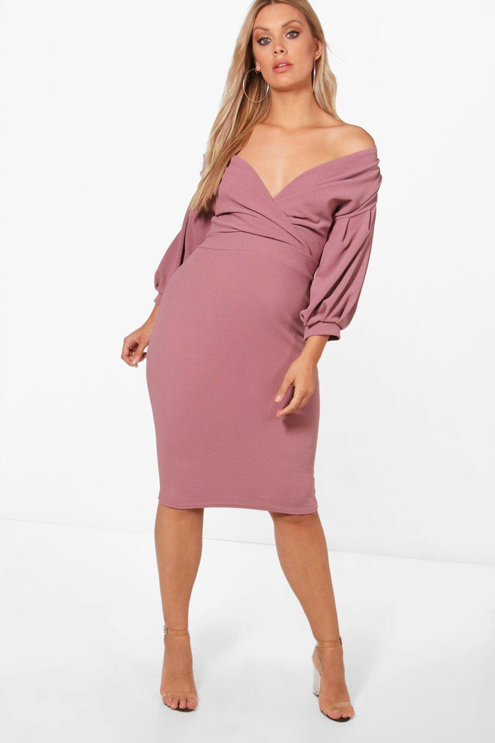 Shoulder Wrap Midi Dress in Beige (Pink 