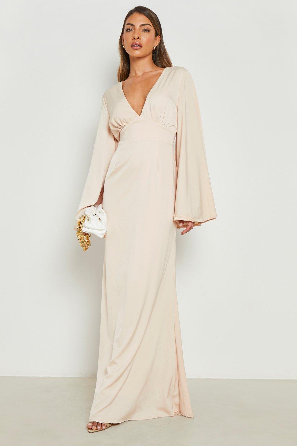Boohoo Satin Open Back Flare Sleeve Maxi Dress in Natural | Lyst