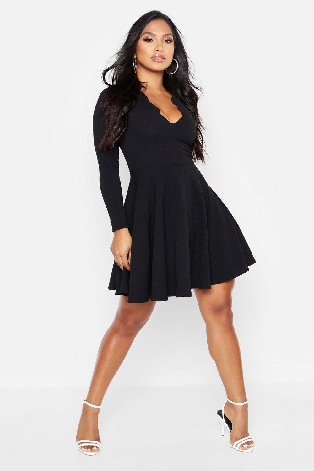 Boohoo Long Sleeve Scalloped Plunge Skater Dress in Black Lyst