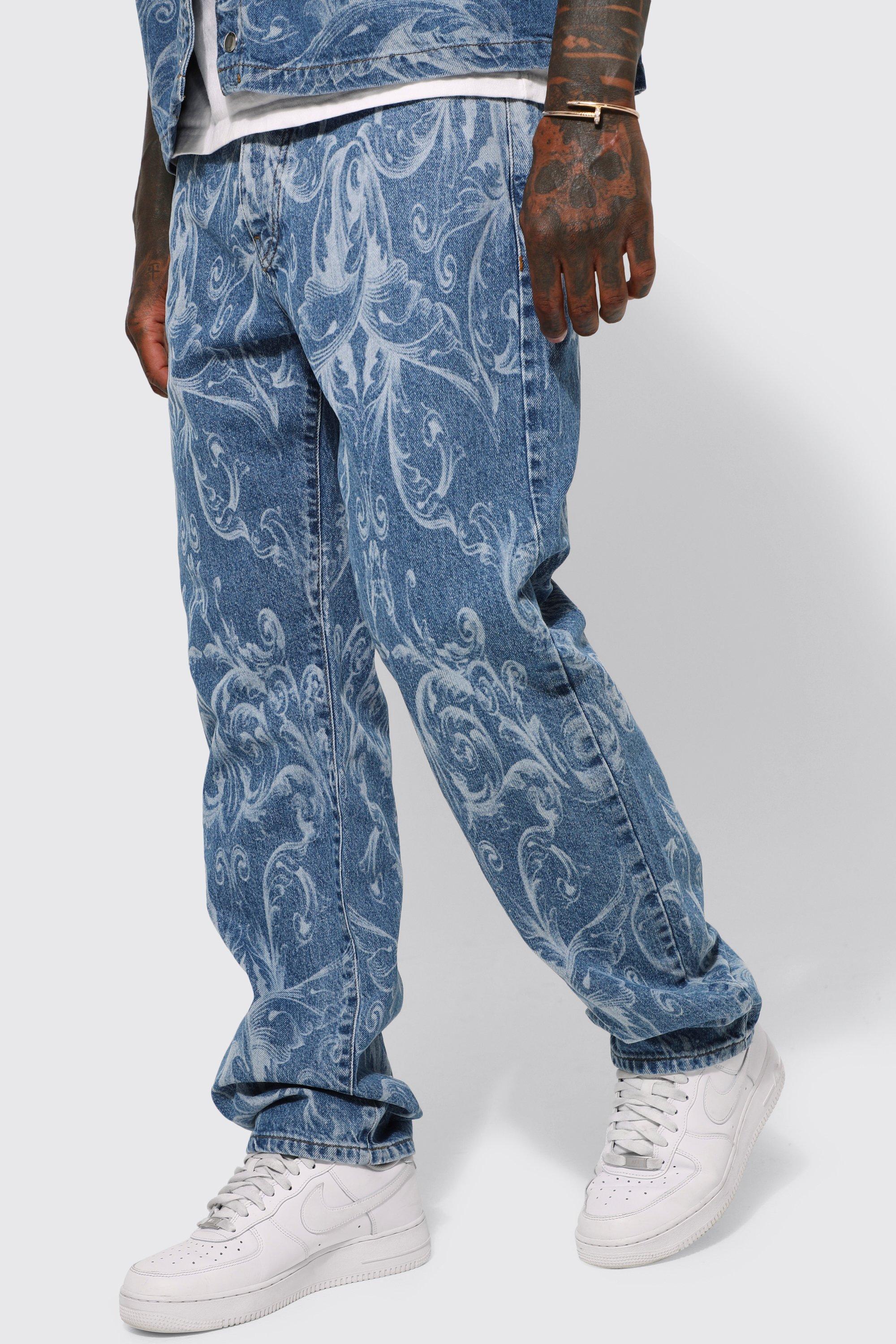Boohoo Relaxed Baroque Laser Print Jeans in Blue | Lyst