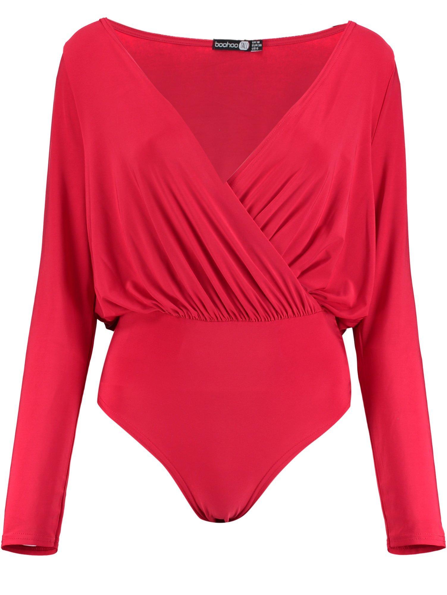Boohoo Tall Long Sleeve Wrap Front Bodysuit in Red - Lyst