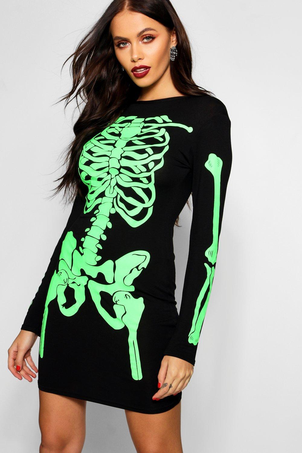 Boohoo Halloween Neon Skeleton Print Bodycon Dress in Black - Lyst