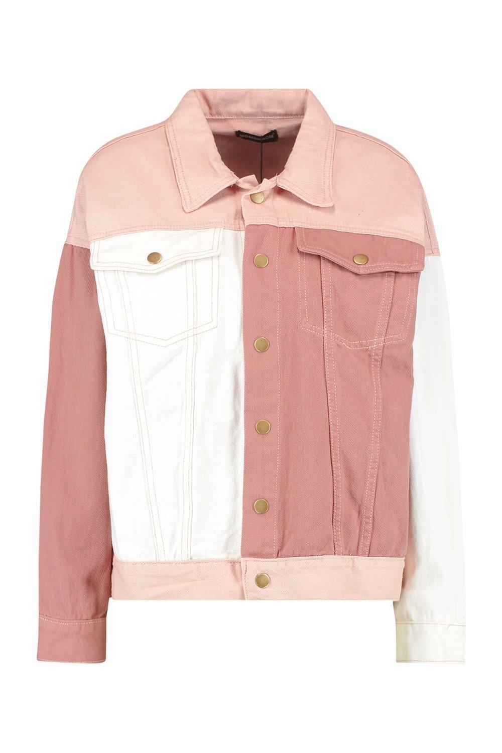 pink block denim jacket