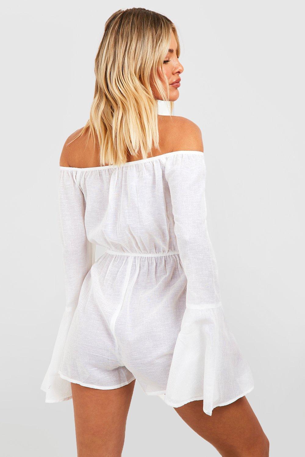 Boohoo Linen Look Tassel Bardot Beach Playsuit in White | Lyst Canada