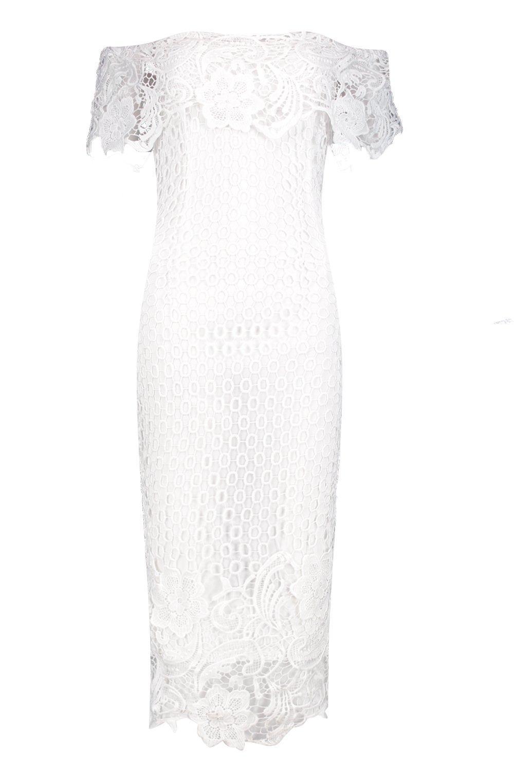 boutique lace off shoulder midi dress