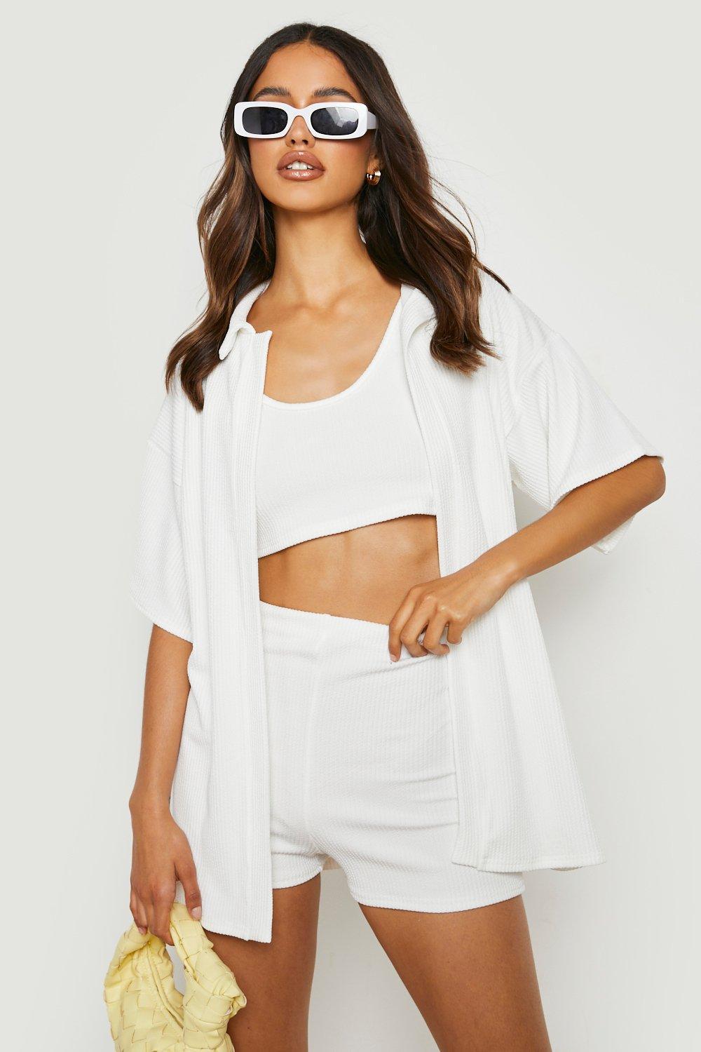 Boohoo Crinkle Shirt, Bralette & Shorts Set in White | Lyst