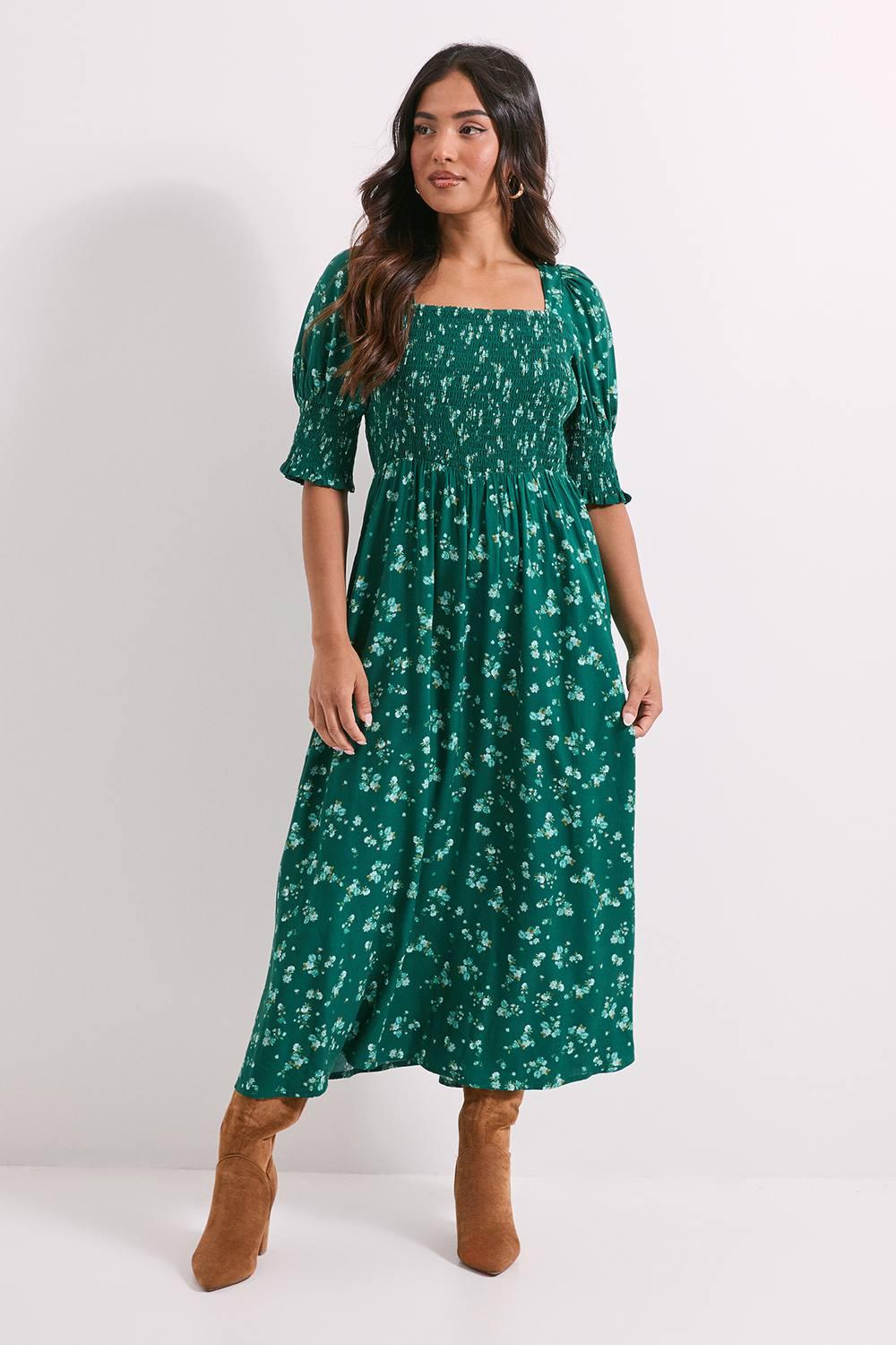 Dorothy Perkins Petite Floral Shirred Bodice Puff Sleeve Square Neck Midi  Dress in Green | Lyst