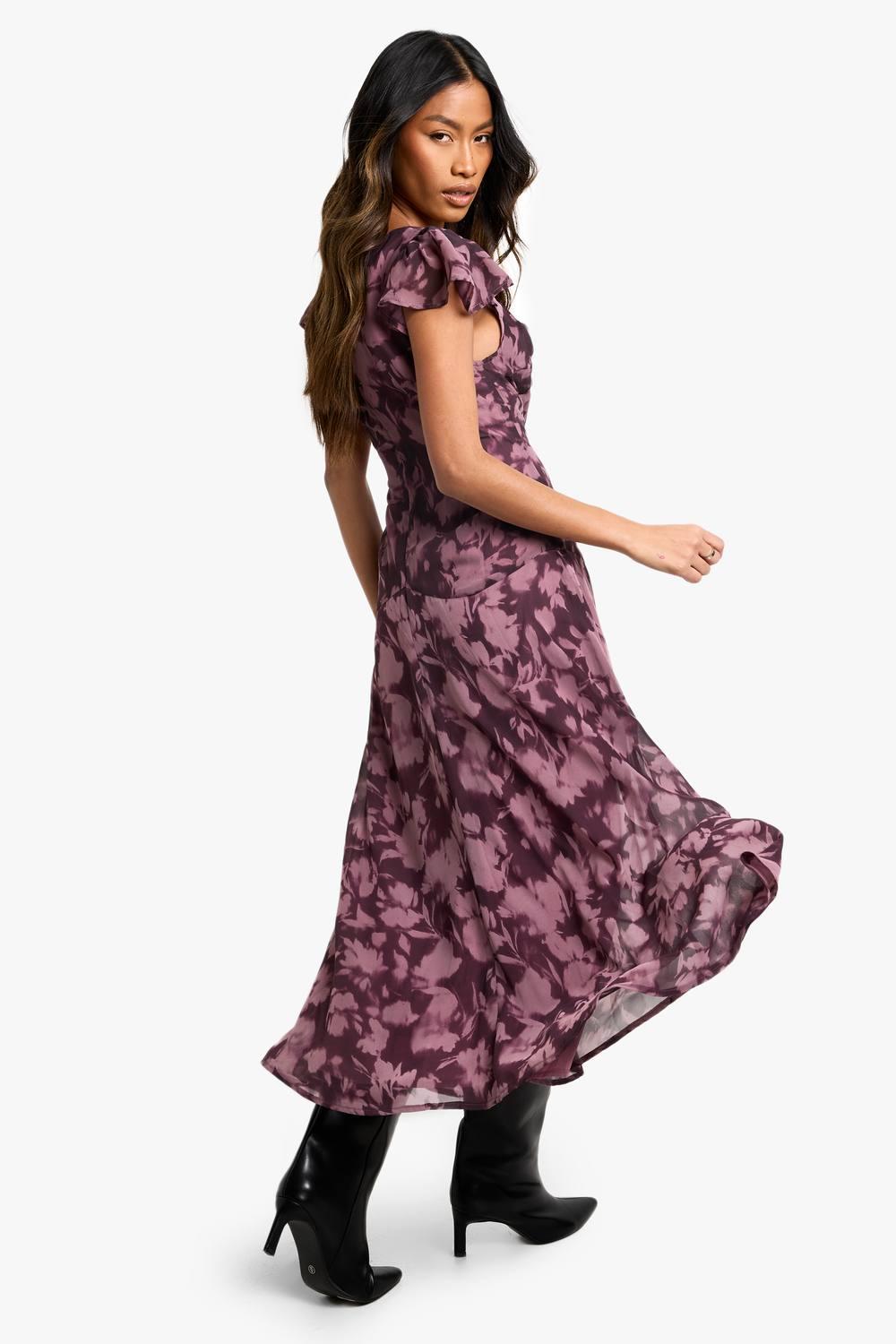 boohoo purple floral dress Purple Floral Plisse Strappy Maxi Dress