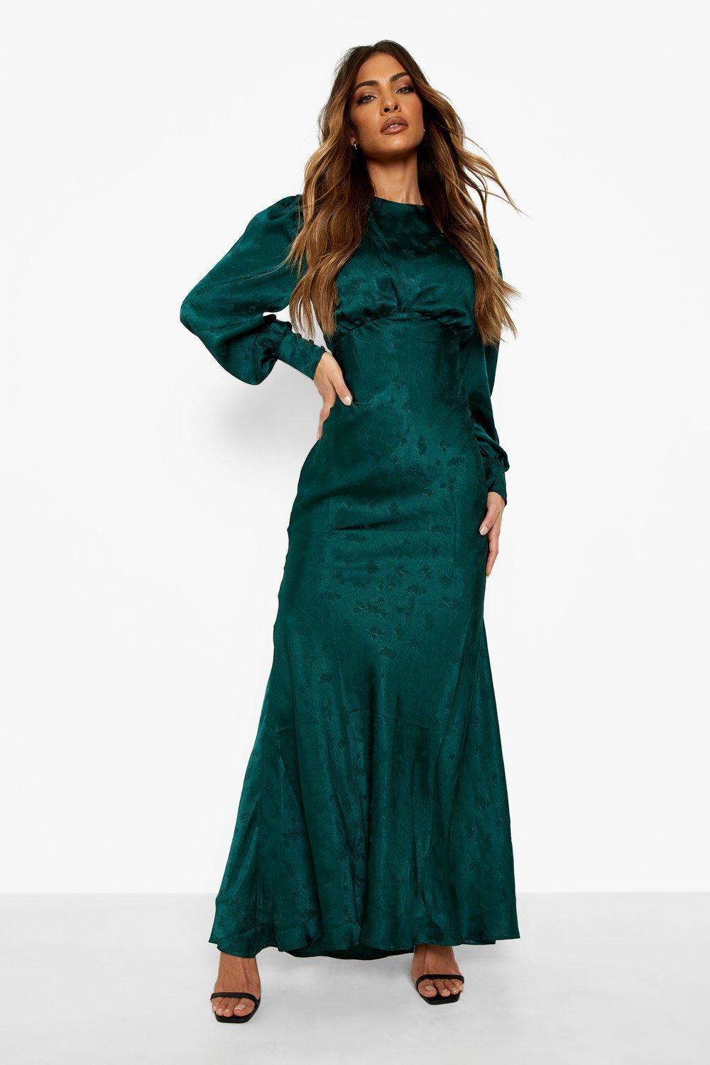 Boohoo Satin Jacquard Blouson Sleeve Maxi Dress in Green | Lyst