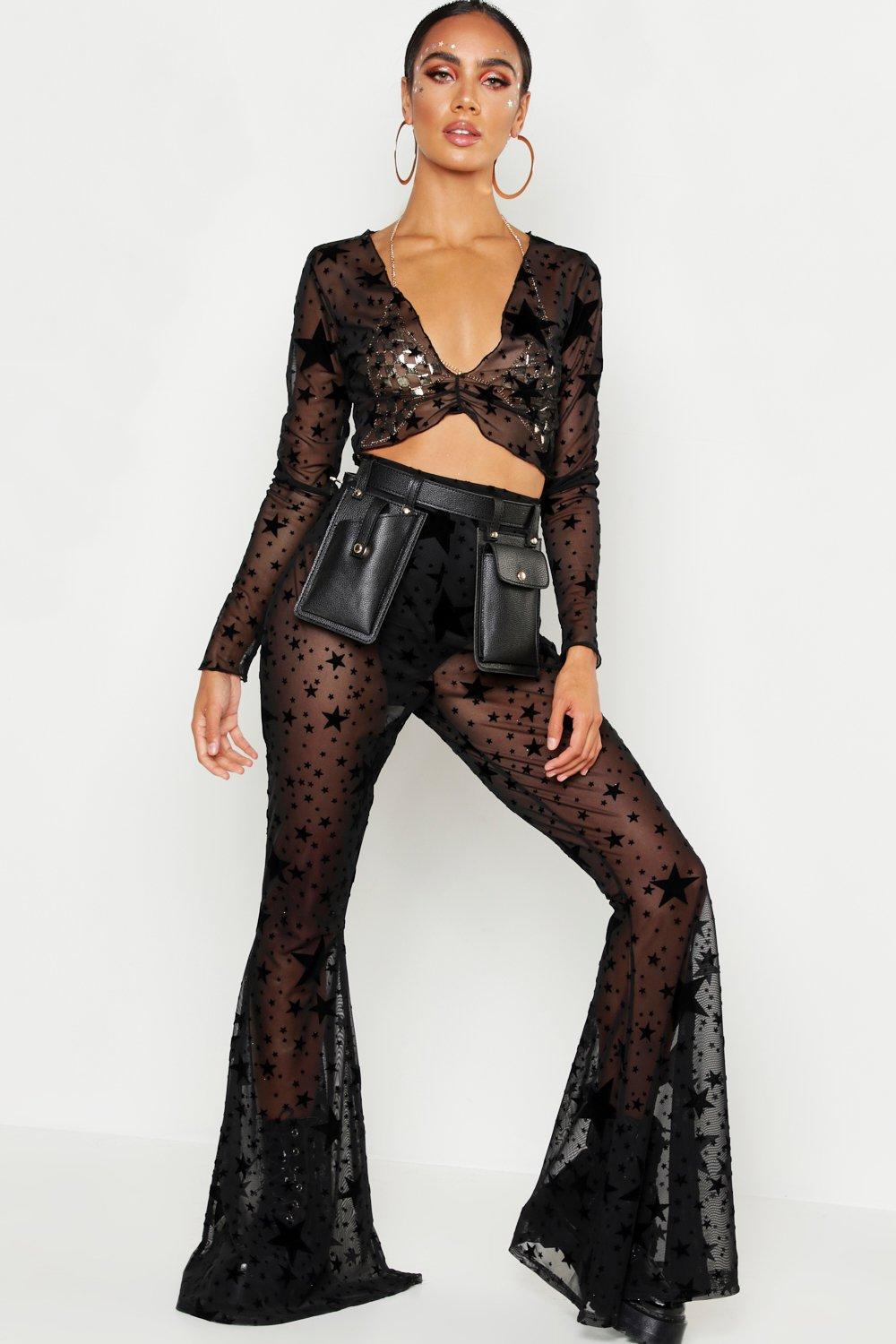 Flock Mesh Star Print Flare Pants 