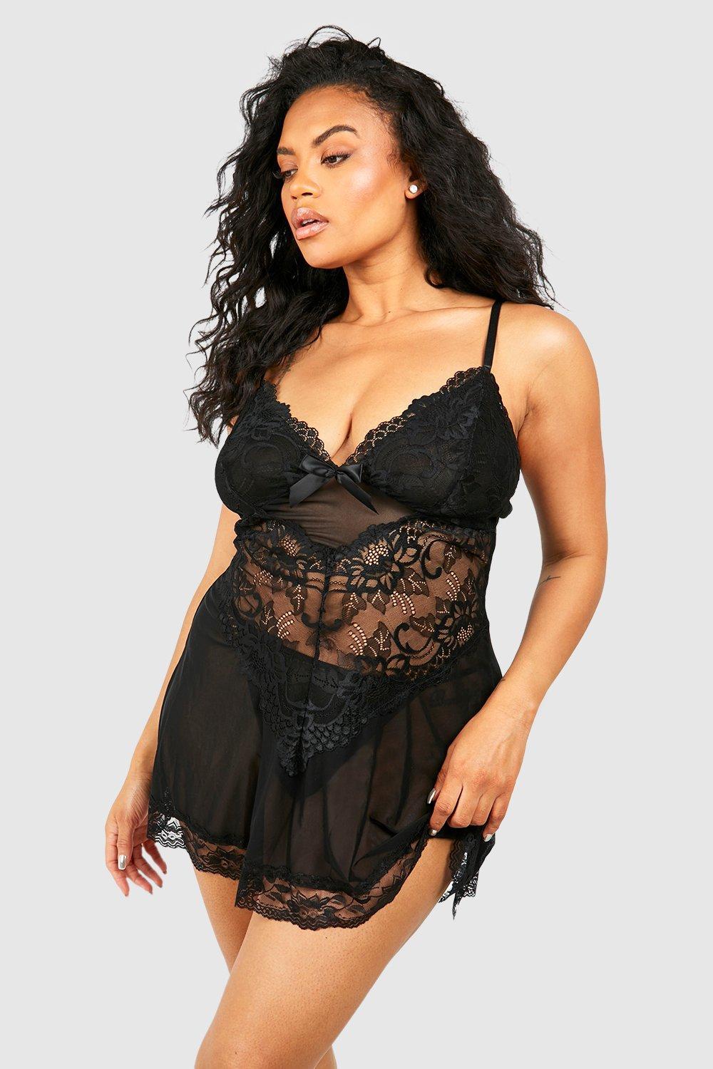 Boohoo Plus Strappy Lace & Mesh Babydoll in Black