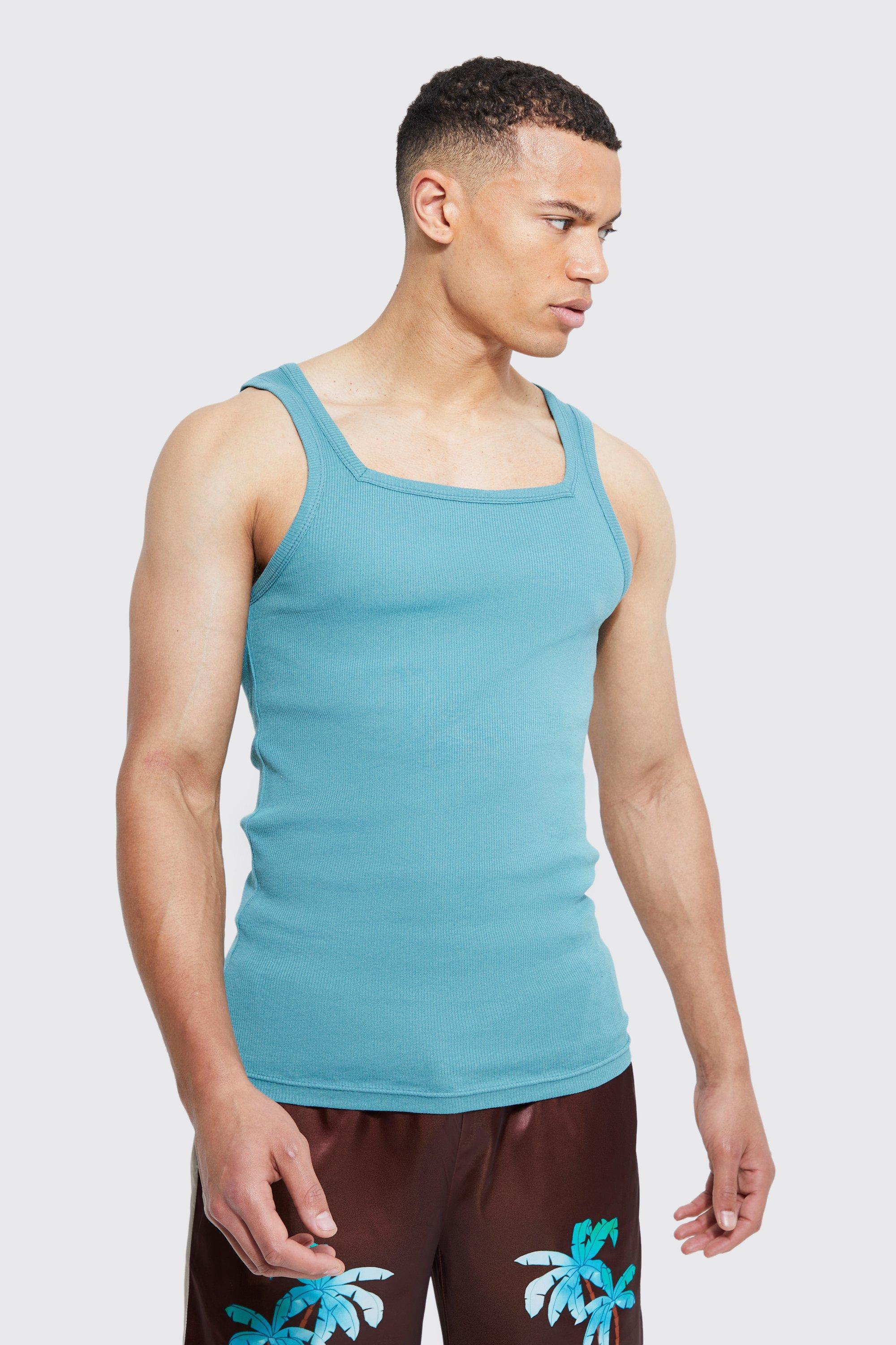 Boohoo Toosii Tall Muscle Fit Square Neck Ribbed Vest in Blue for Men