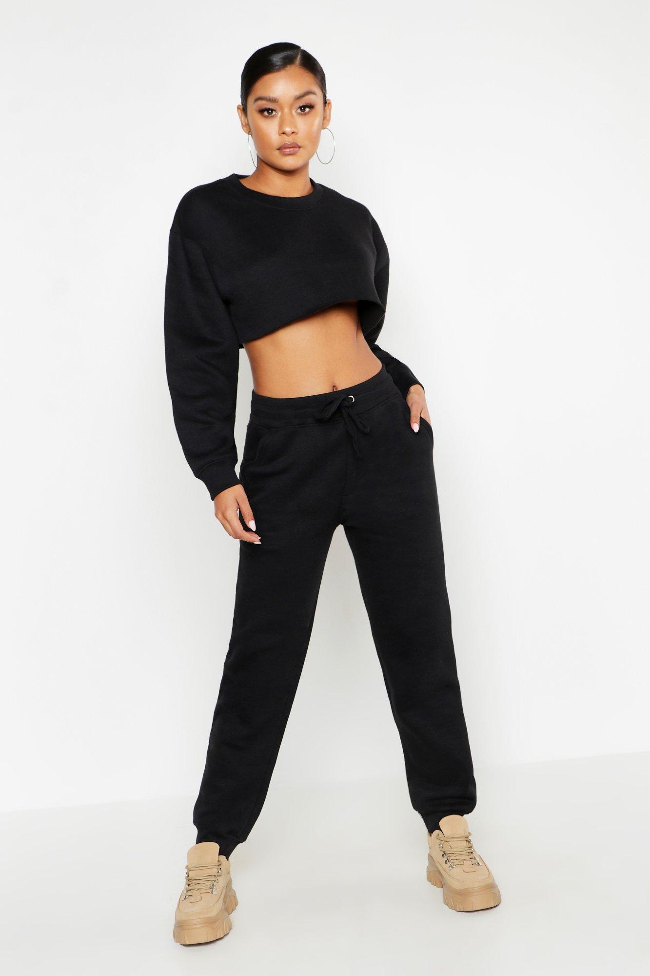 Boohoo Cropped Sweat & Jogger Tracksuit in Black - Lyst