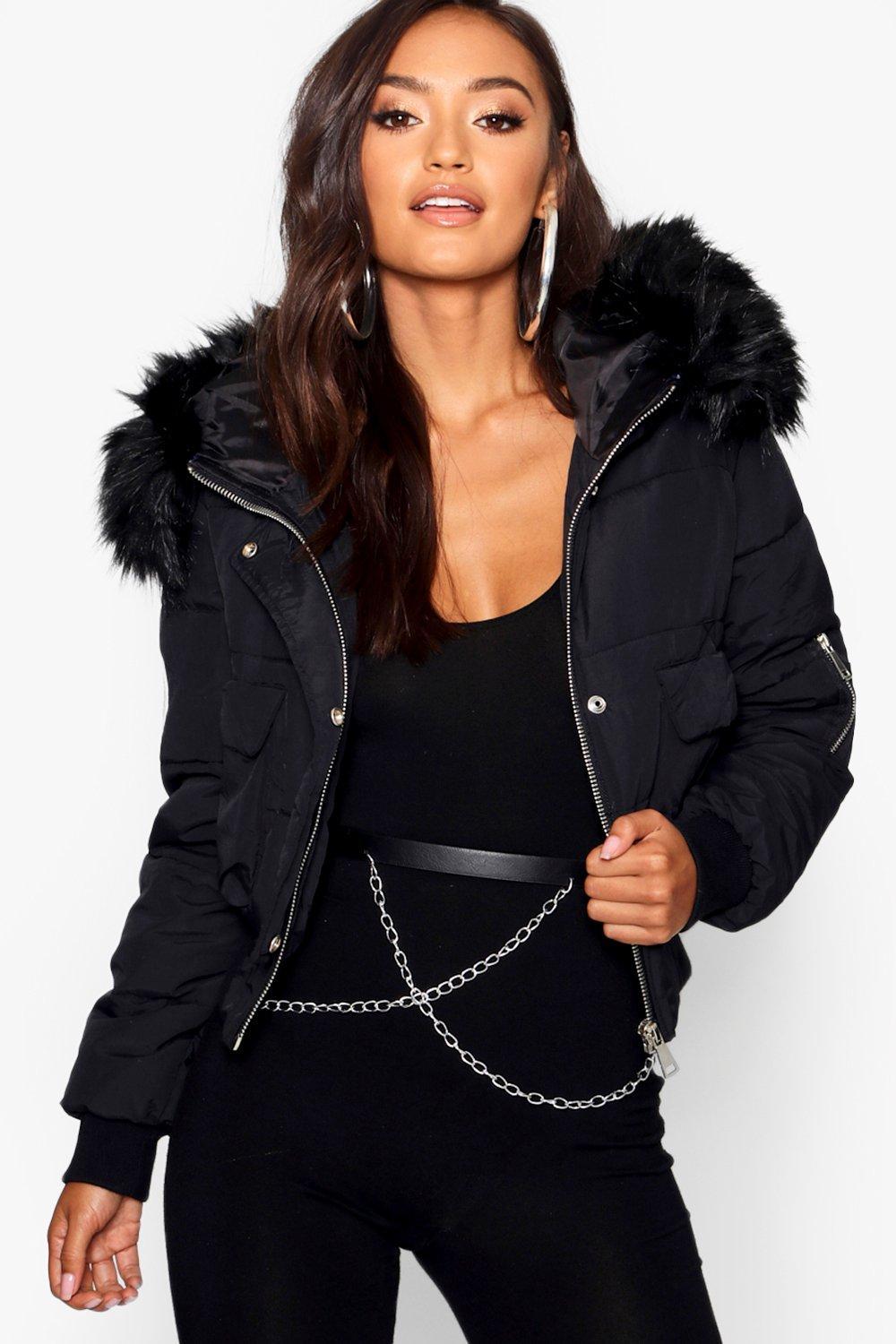 Boohoo Petite Luxe Faux Fur Hood Sporty 