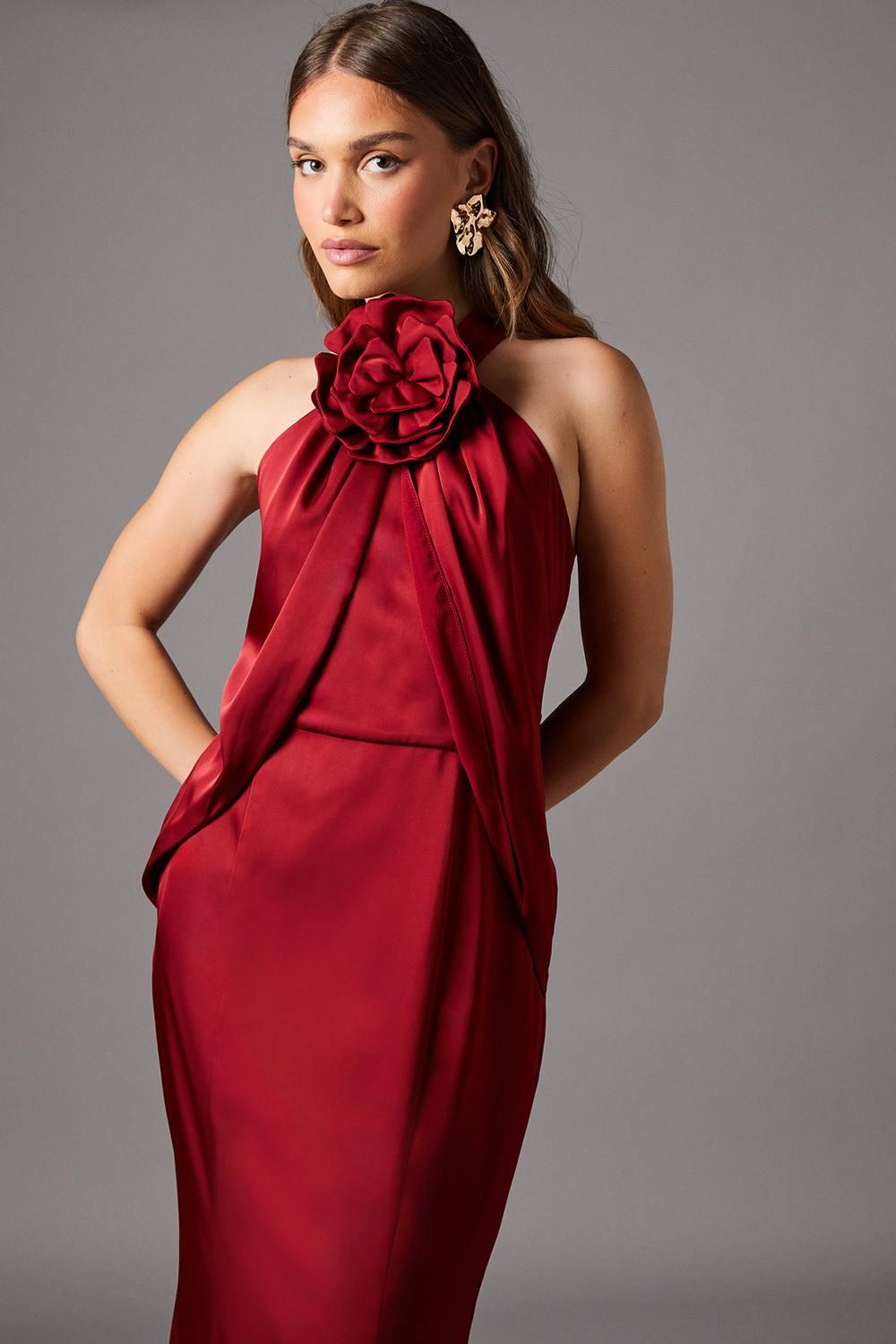 coast red maxi dress Red Coast Halterneck Satin Maxi Dress With Flower