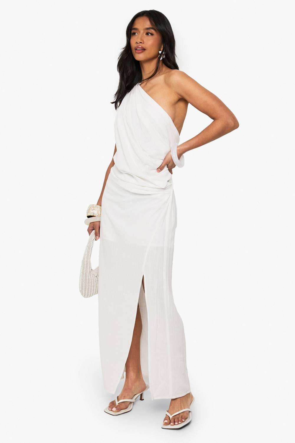 Boohoo Petite Linen Look Drape Strap Back Maxi Dress in White | Lyst