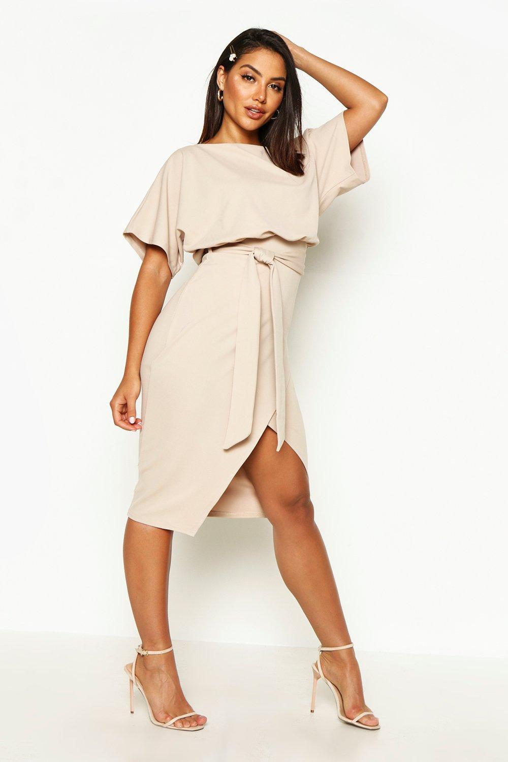 Boohoo Womens Slash Neck Tie Waist Midi Dress in Beige (Natural) - Lyst