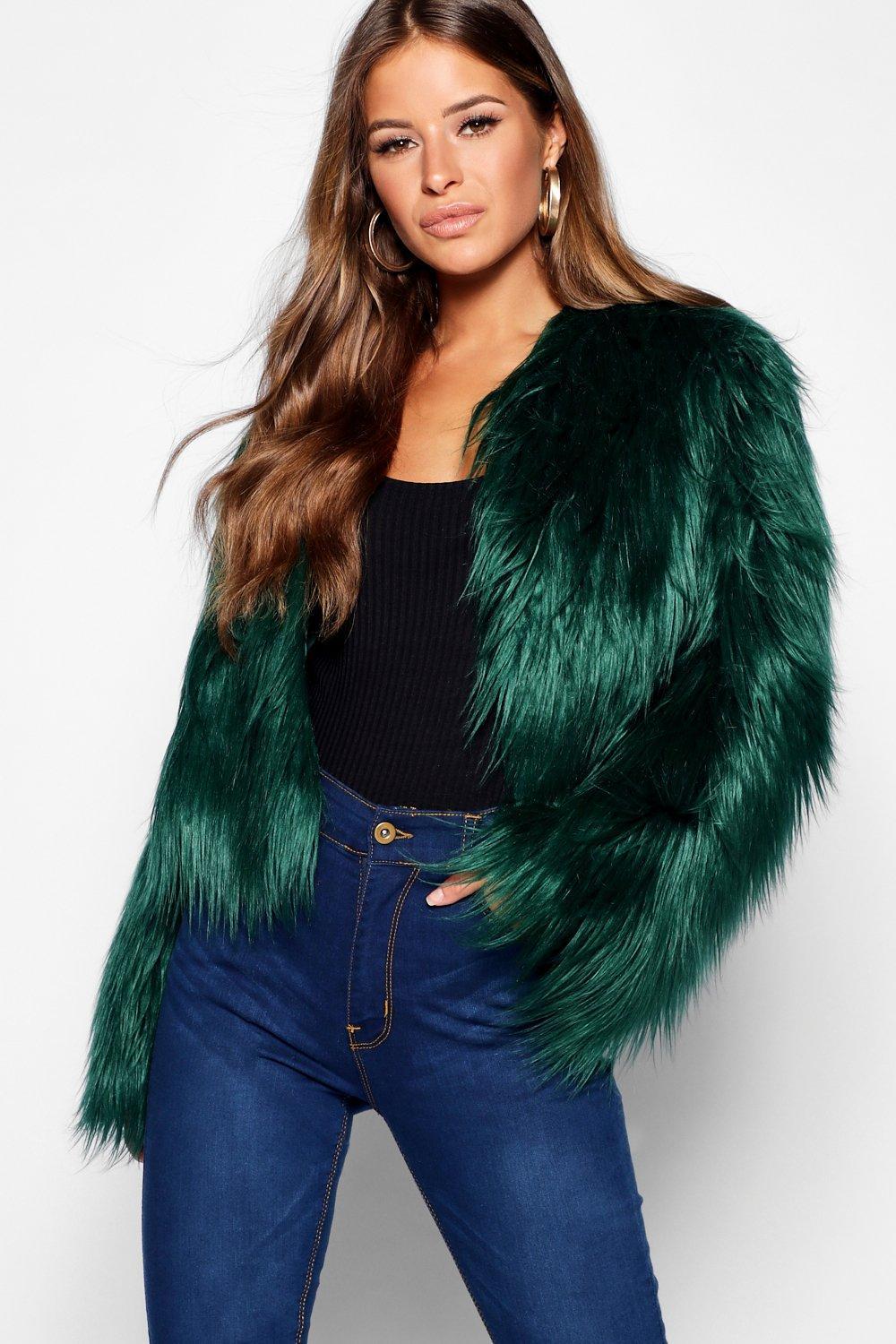 Boohoo Petite Mongolian Cropped Faux Fur Coat in Electric Green (Green