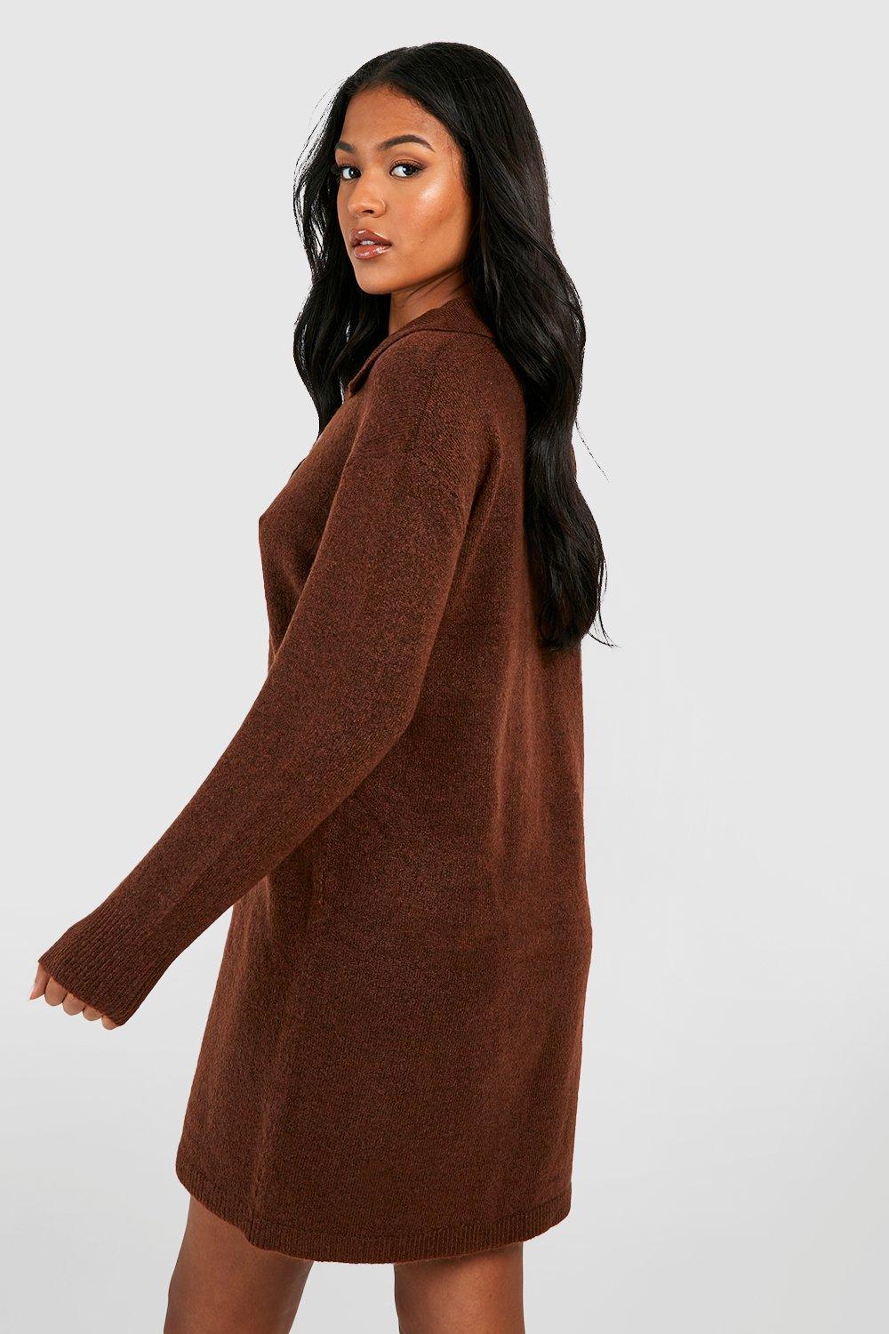 Boohoo Tall Soft Knit Collared Sweater Dress in Brown | Lyst