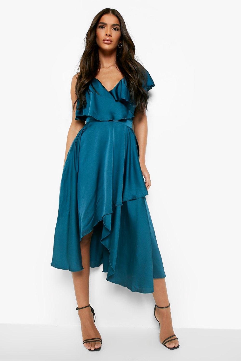 Boohoo Satin Ruffle Wrap Detail Skater 