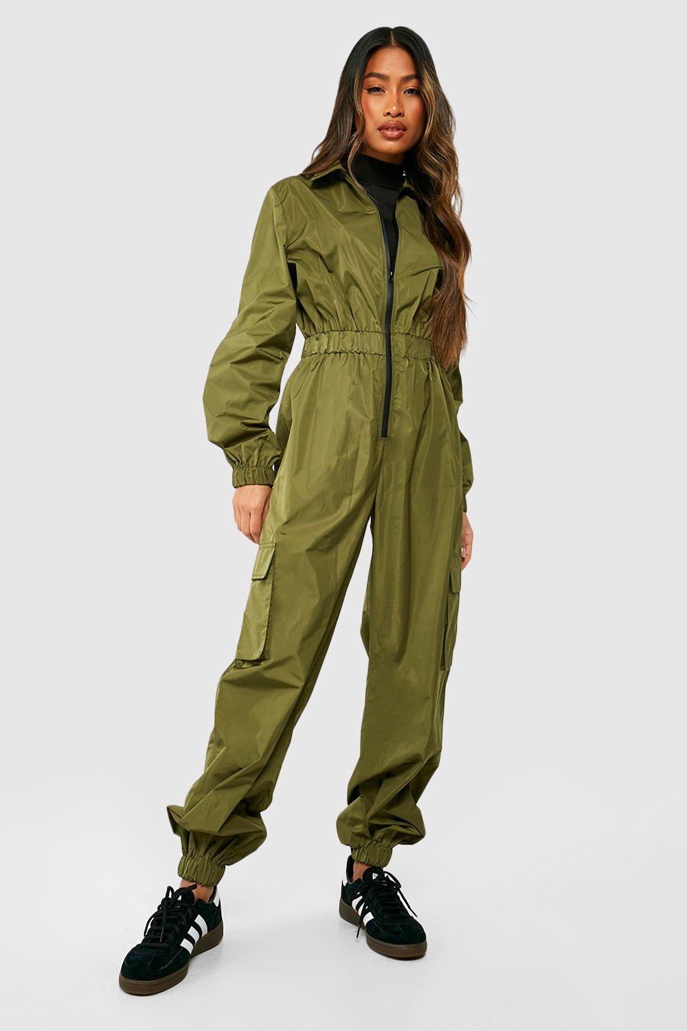 Boohoo Zip Up Cargo Utility Shell Jumpsuit in Green | Lyst