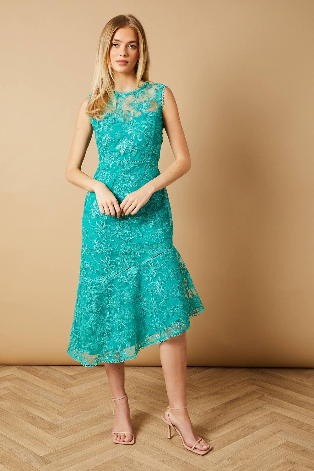 oasis green lace dress Easter Dresses Casual Solid Embroidered Hollowed Out See-through Half A Turtleneck Long Sleeve Dresses(Green/L) main image 0