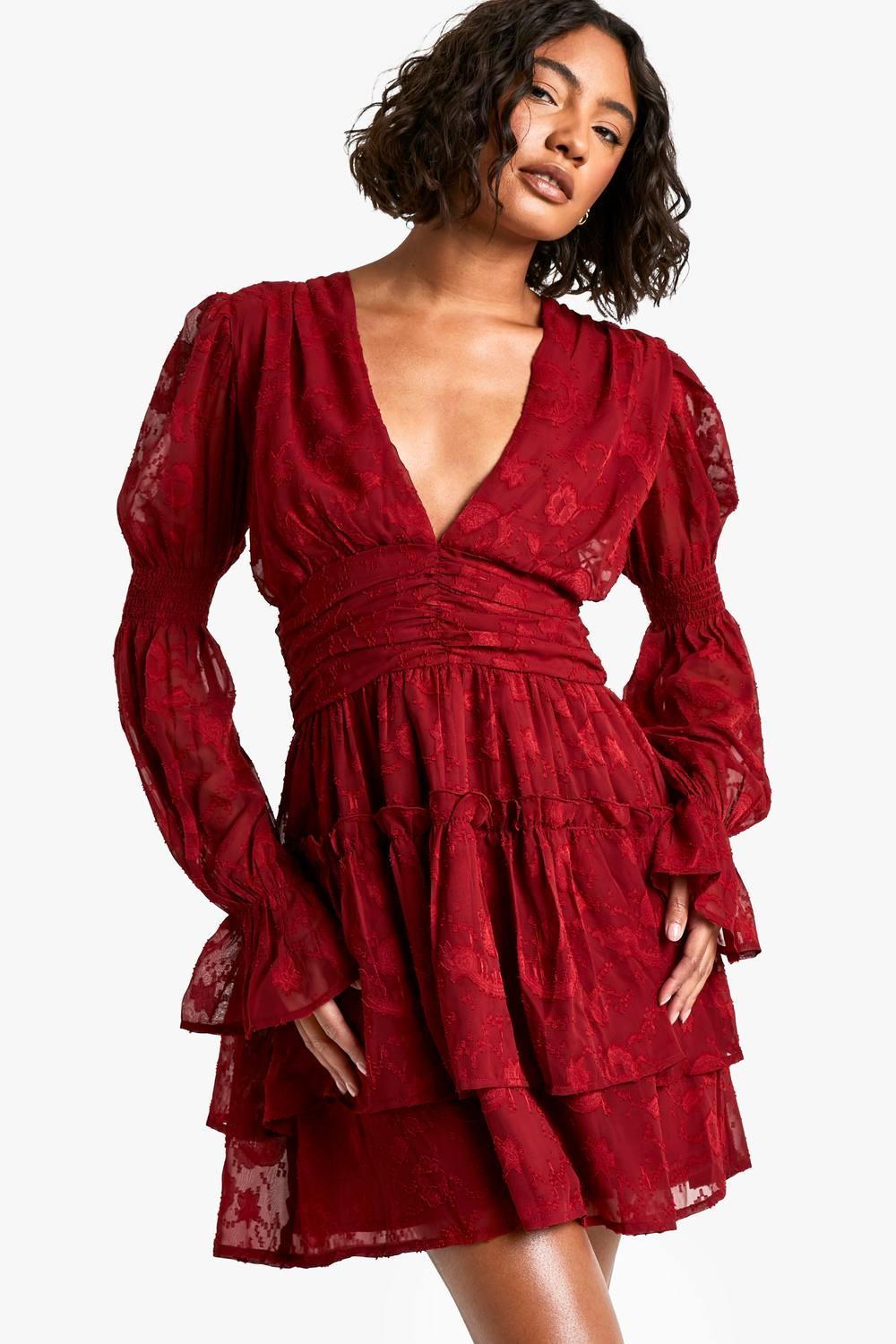 Boohoo Tall Paisley Burnout Puff Sleeve Ruched Skater Dress in Red