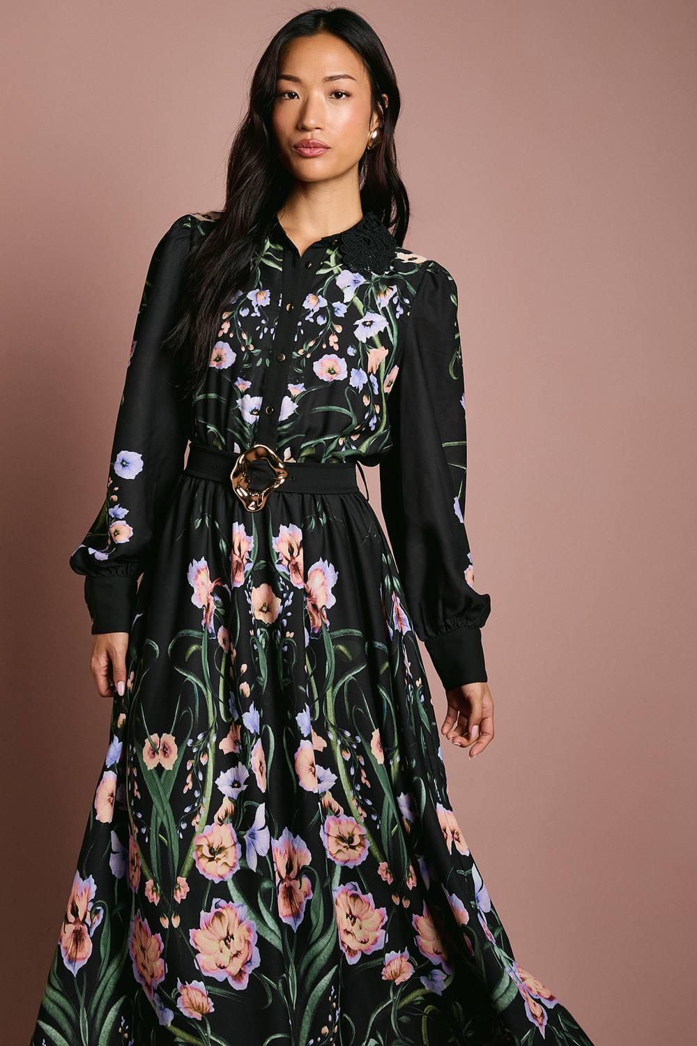 Coast Long Sleeve Placement Print Shirt Dress With Lace Trims in Black | Lyst Coast Long Sleeve Placement Print Shirt Dress With Lace Trims in Black | Lyst