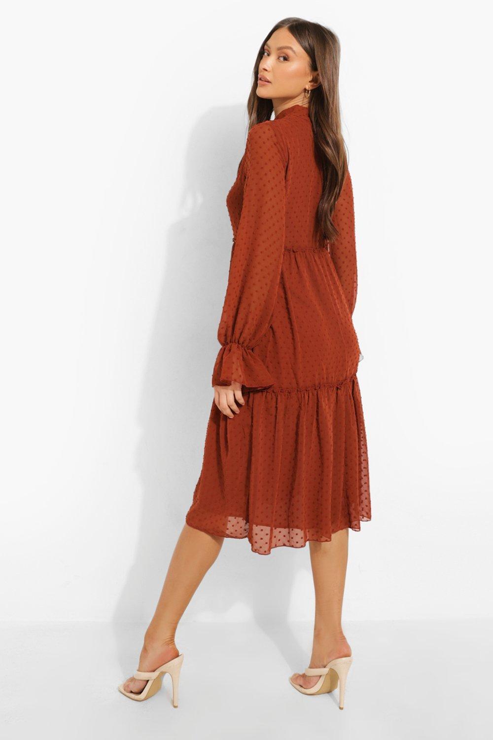 Boohoo Dobby Mesh Pussy Bow Tiered 