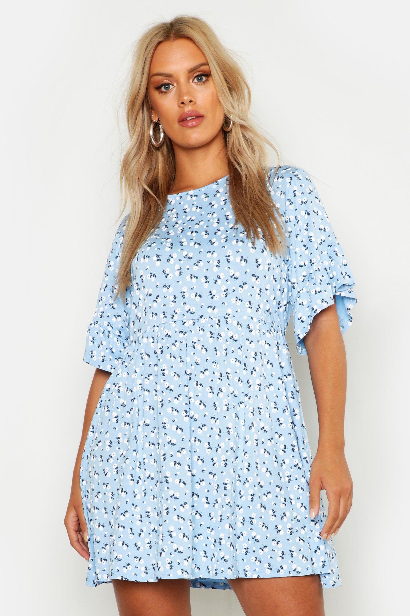 Boohoo Plus Ditsy Floral Smock Dress in Sky (Blue) - Lyst