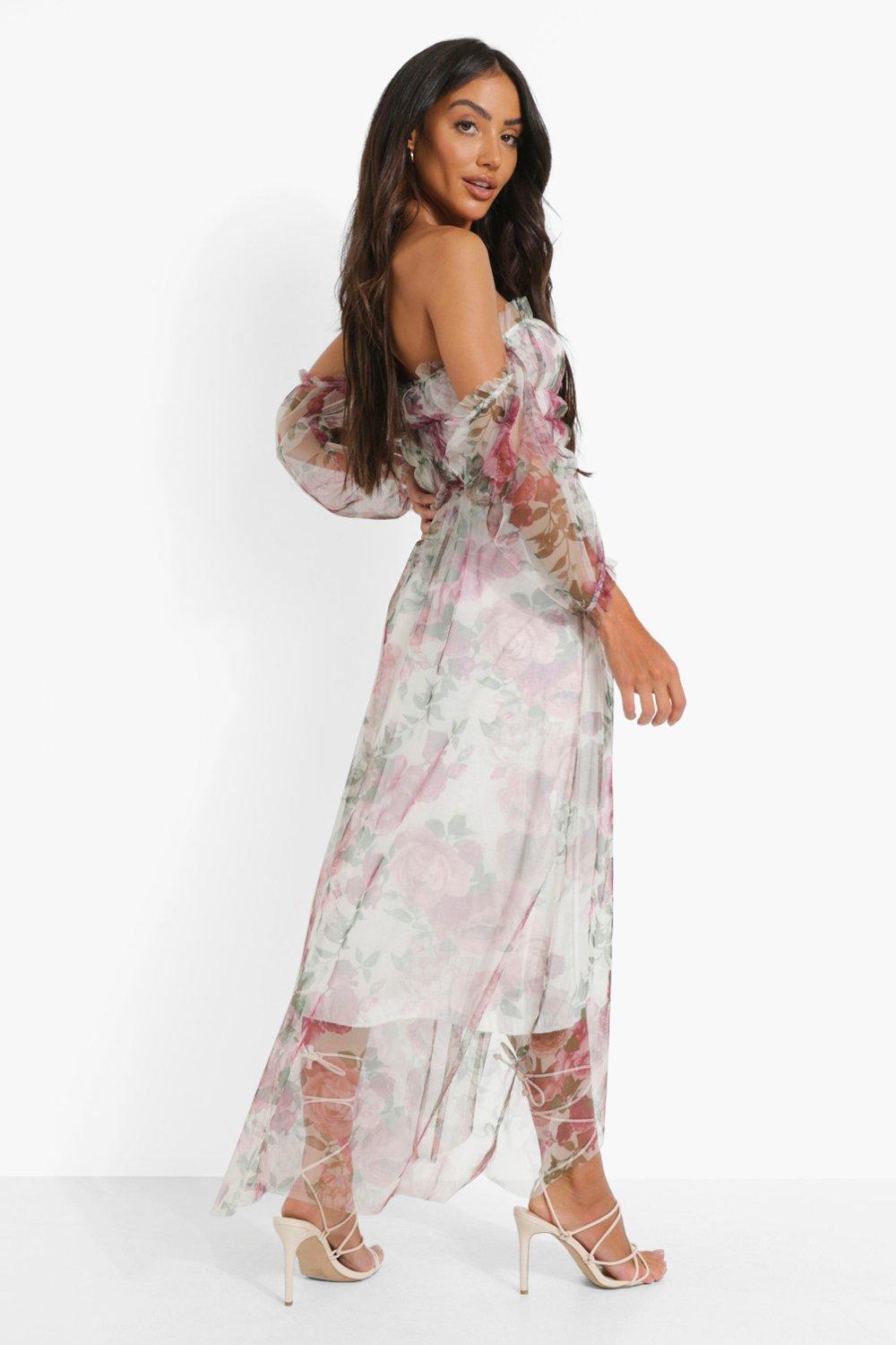 Boohoo Floral Mesh Ruched Maxi Dress in 