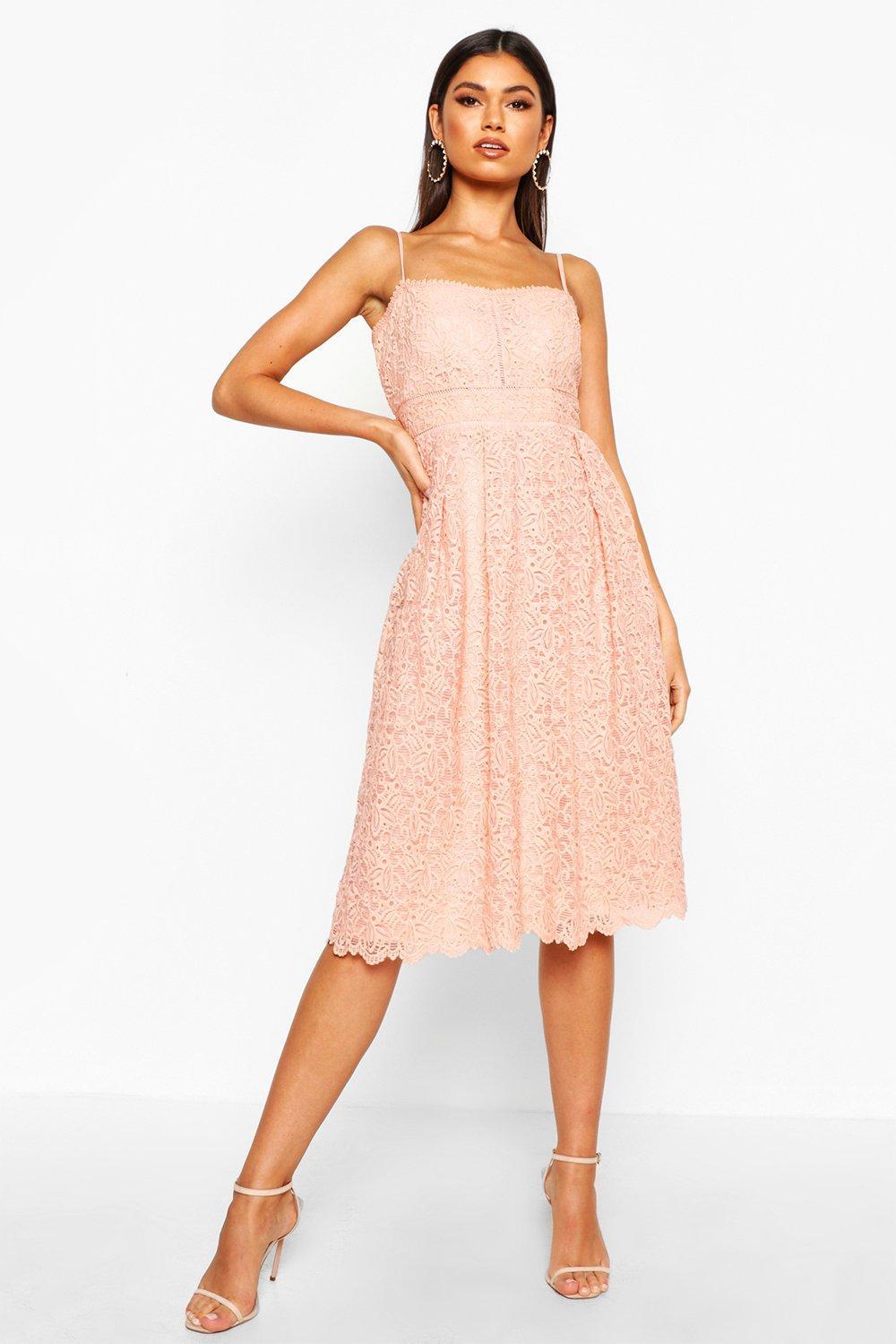 Boohoo Satin Boutique Embroidered Strappy Midi Skater Dress in Blush