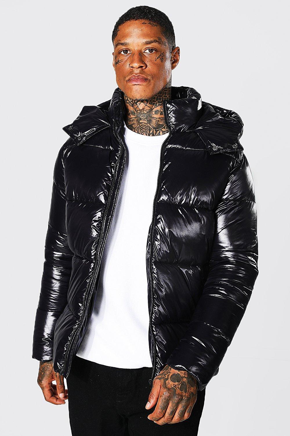 Boohoo High Shine Panel Puffer Jacket in Black | Lyst