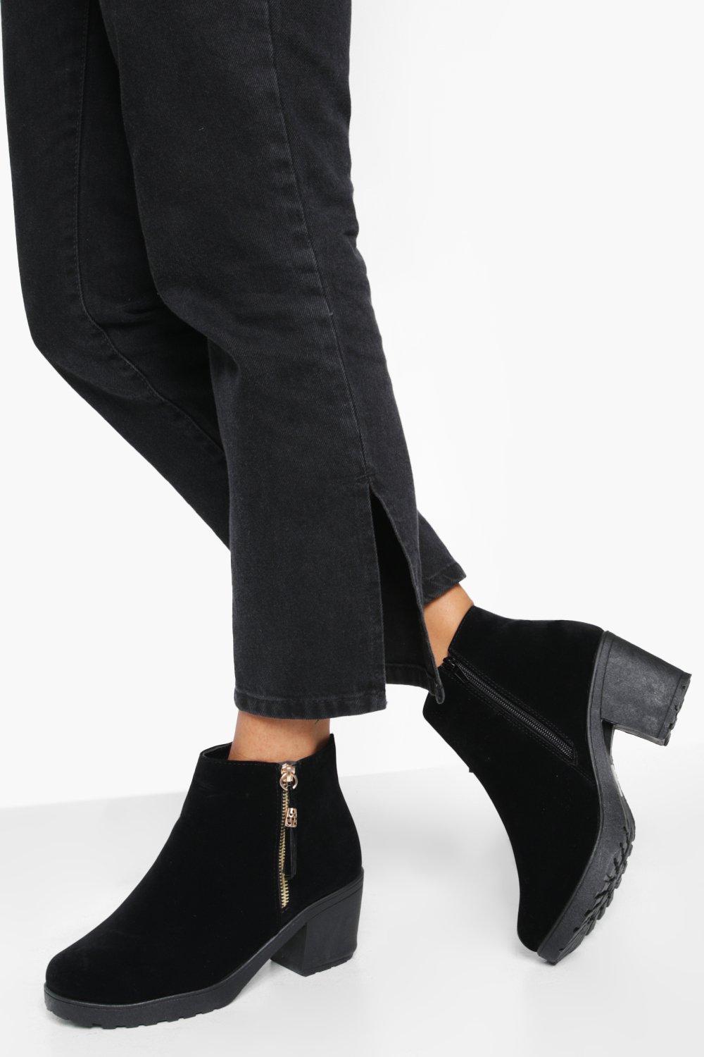 Womens Ladies Black PU Suede Zip Block Platform Ankle Chelsea Mid Heel Boots