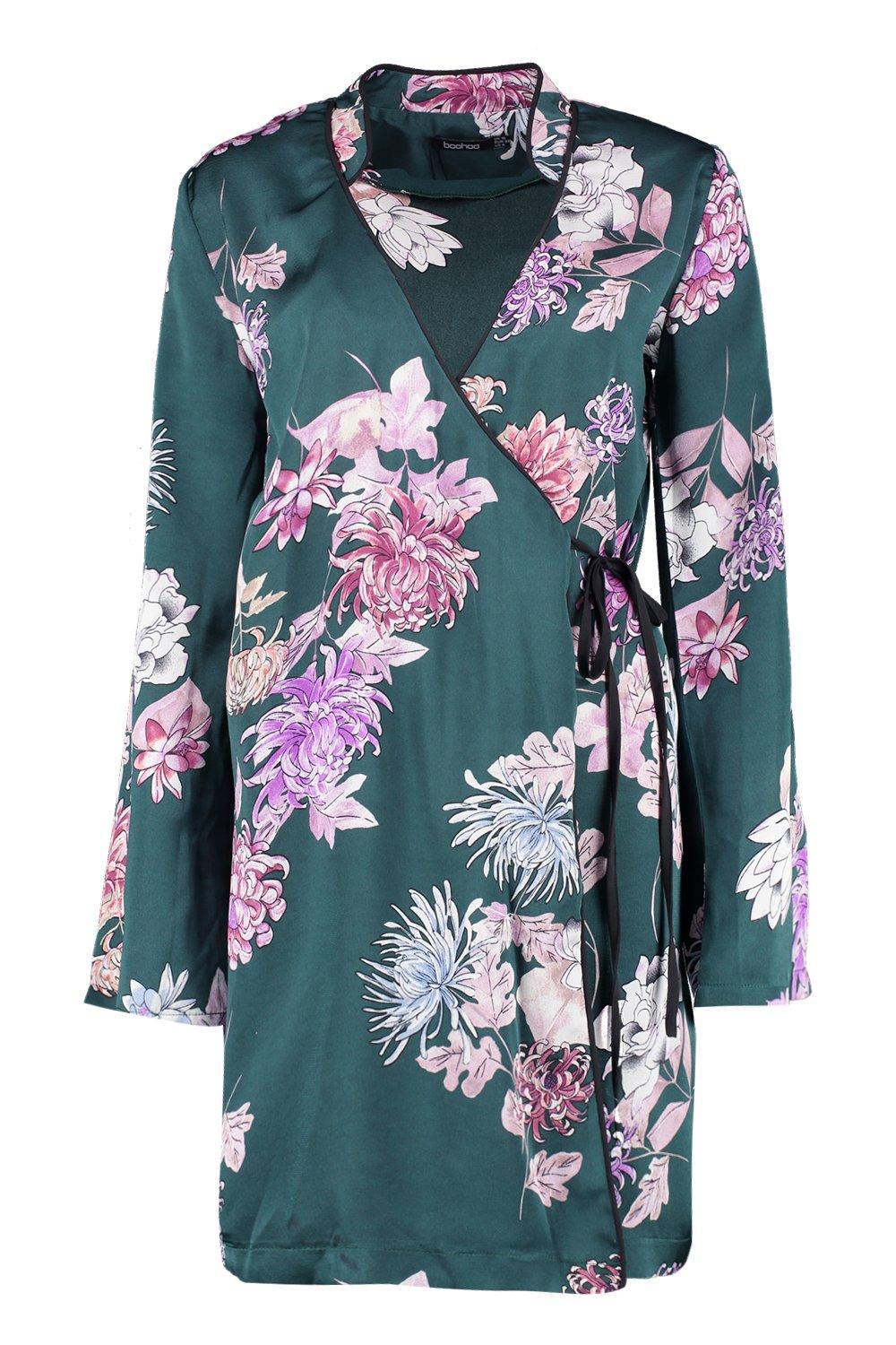 Boohoo Premium Oriental Floral Wrap Kimono Dress - Lyst