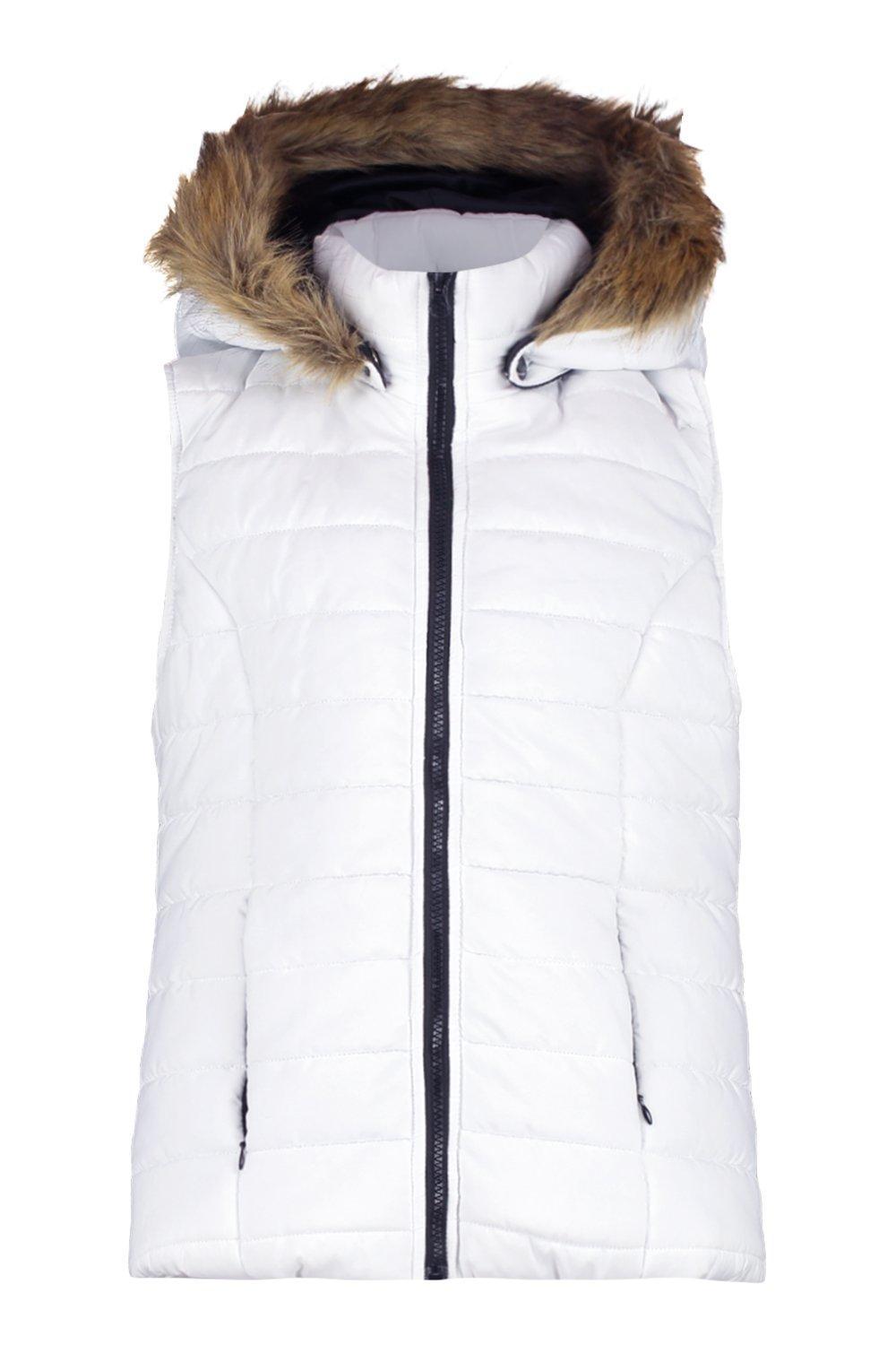 white gilet with fur hood