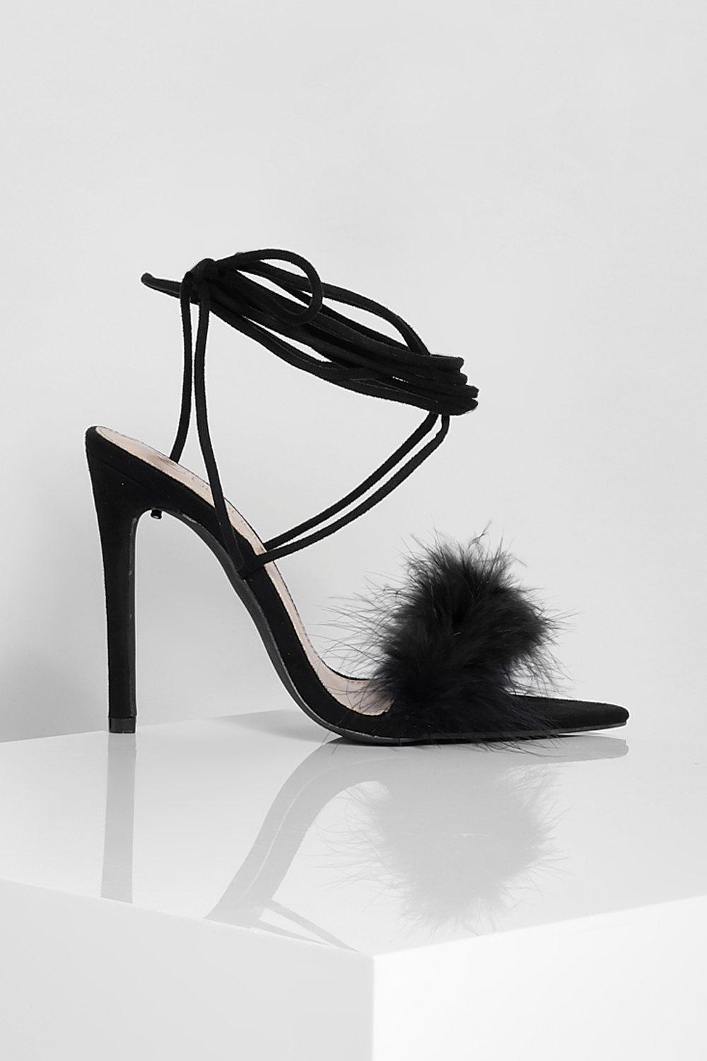 Boohoo Pointed Toe Feather Trim Lace Up Heels in Black | Lyst