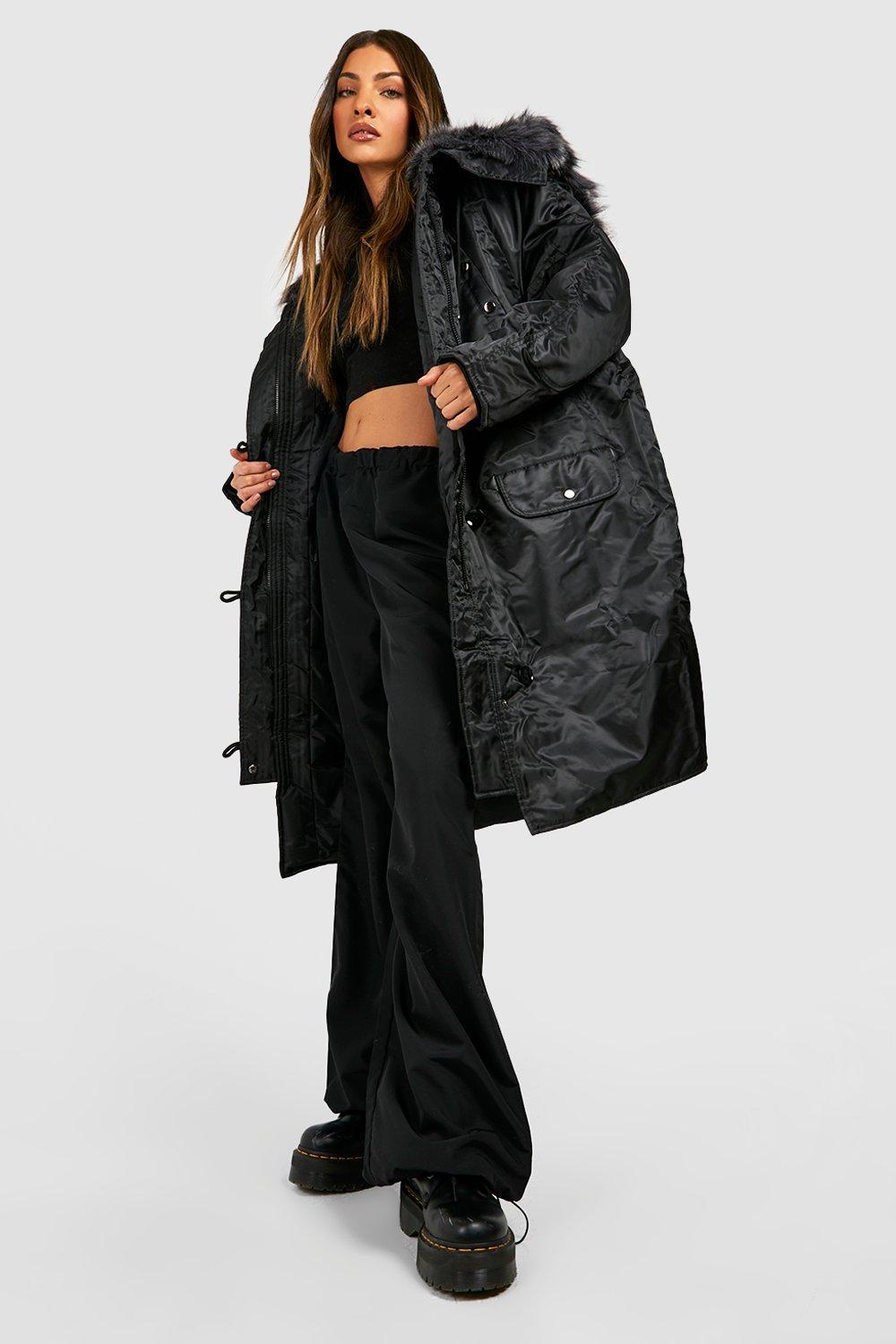 Boohoo Oversized Faux Fur Fly Hood Luxe Parka Coat In Black Lyst UK