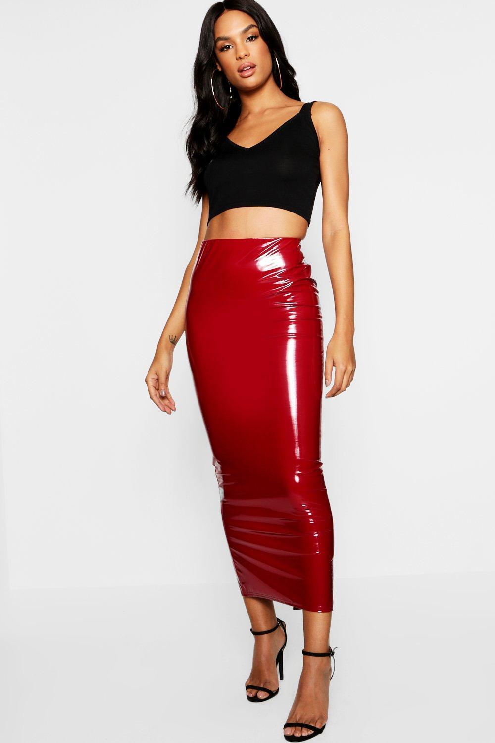  Boohoo  Tall Vinyl Midaxi Skirt  in Red  Lyst