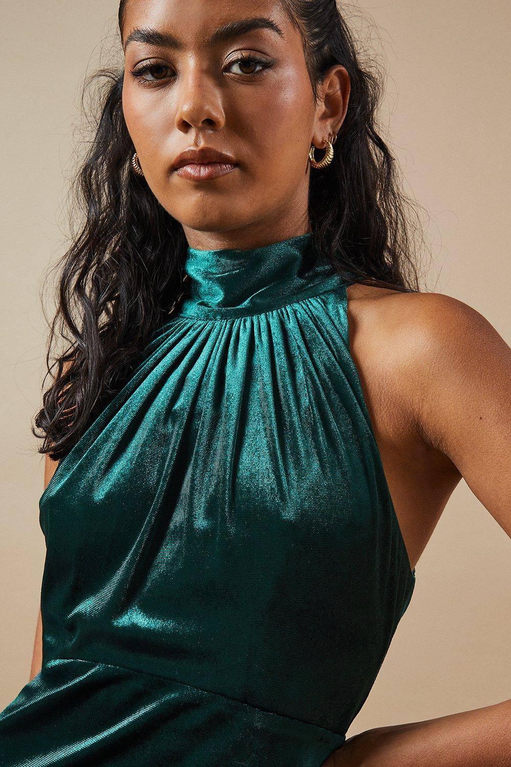 oasis green velvet dress Petite Halter Bias Cut Maxi Bridesmaid in Blue Emerald green