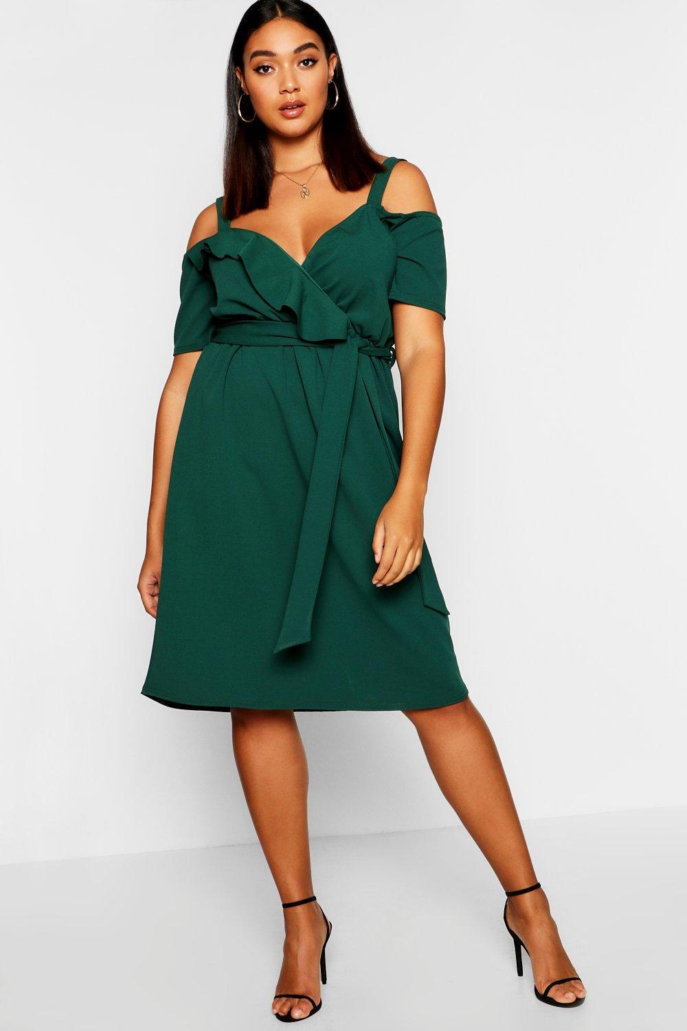 plus plunge ruffle belt midi dress