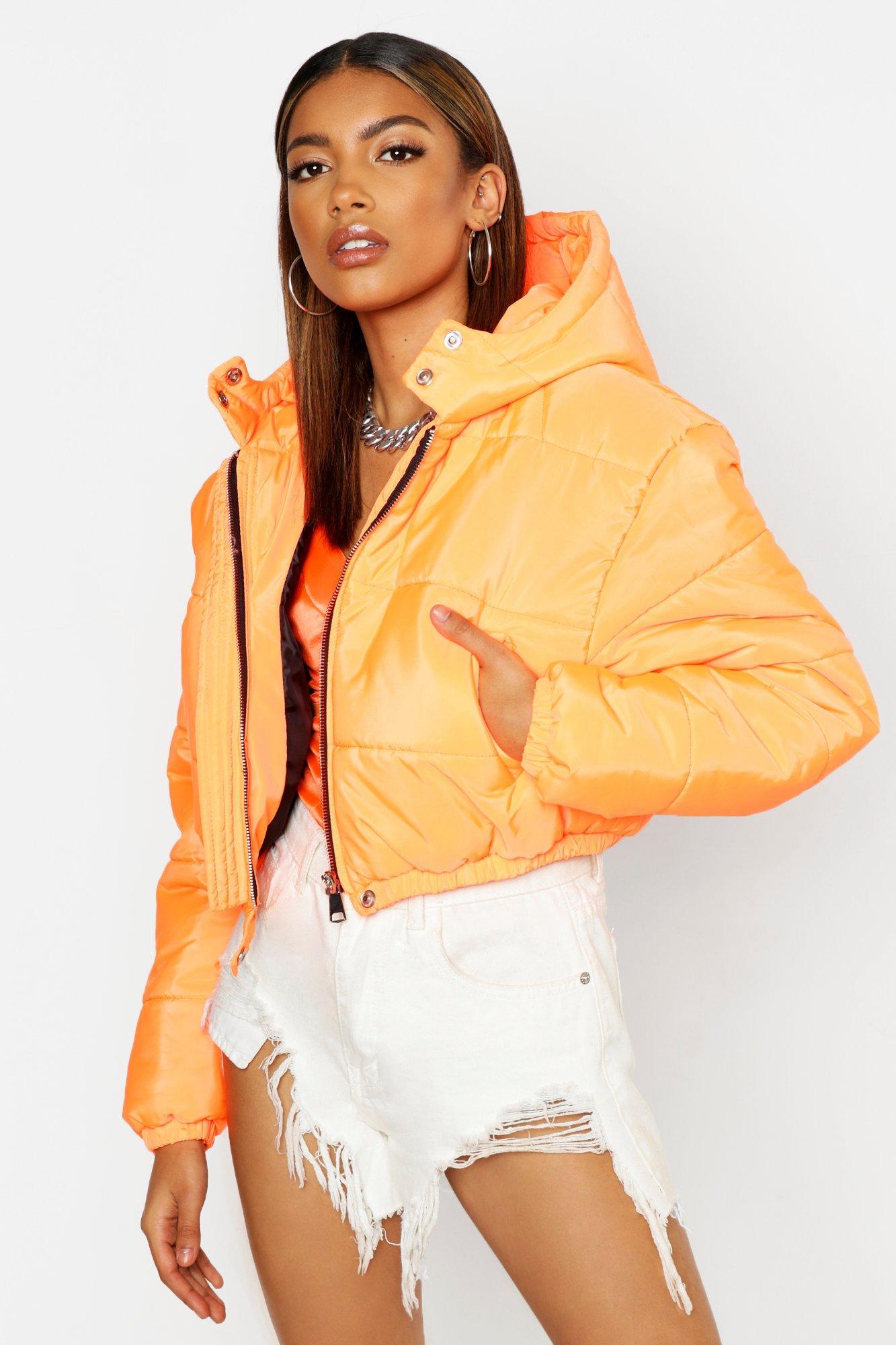 Boohoo Crop Hooded Puffer Jacket in Orange | Lyst