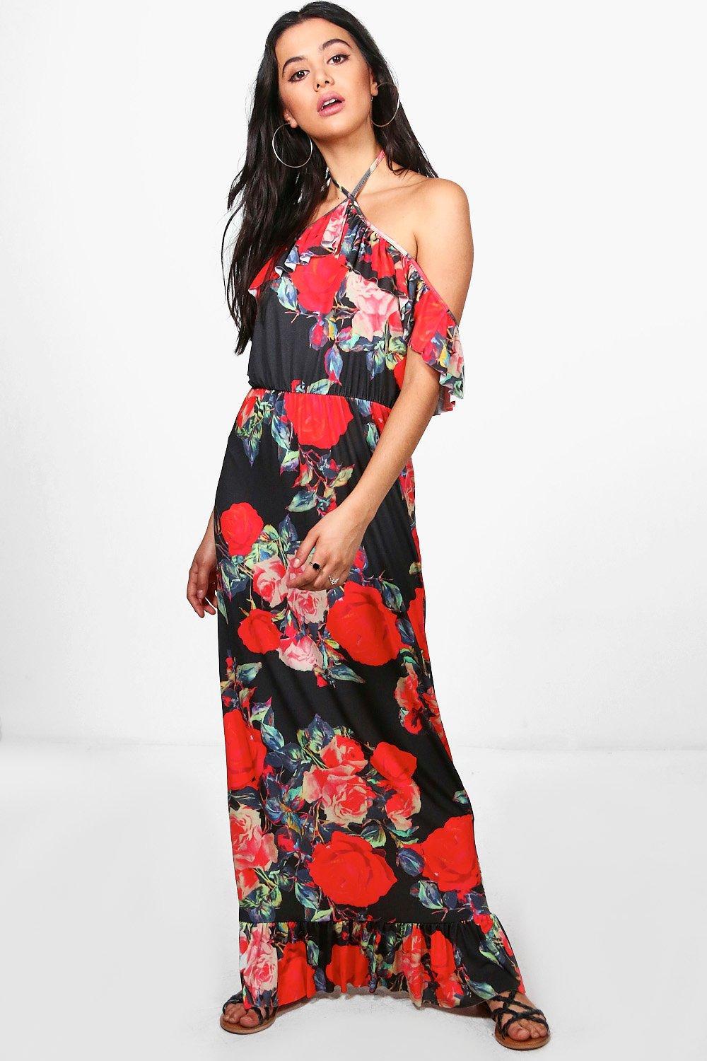 cold shoulder ruffle maxi dress