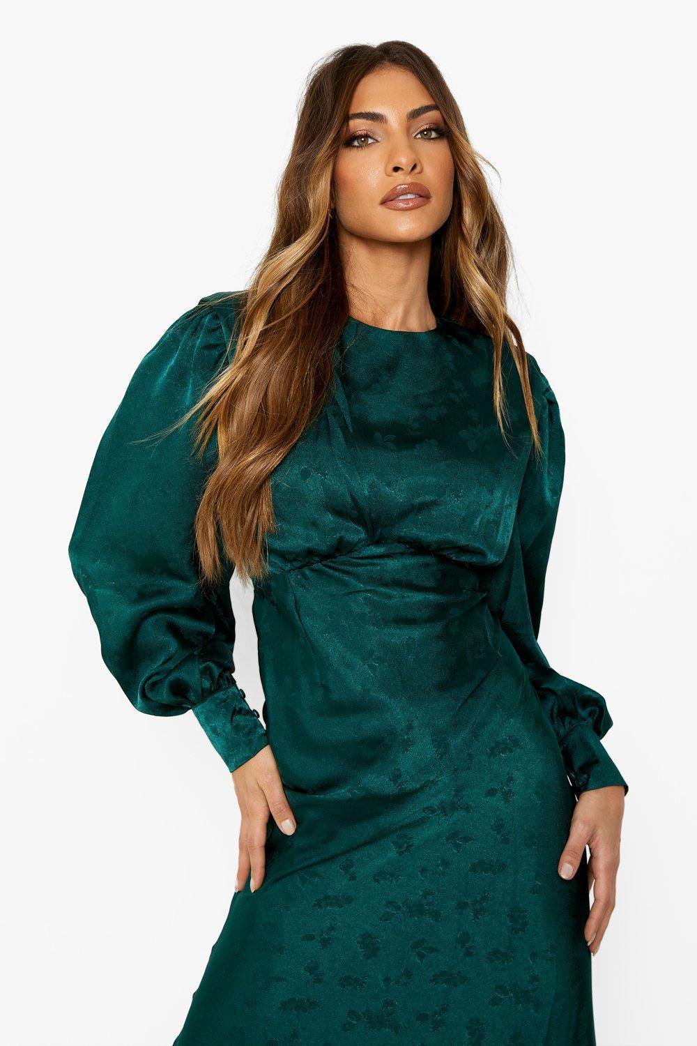 Boohoo Satin Jacquard Blouson Sleeve Maxi Dress in Green | Lyst UK
