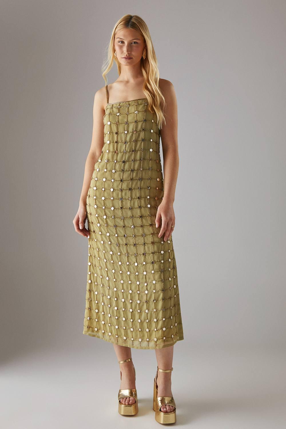 slim fit dress slacks Retrofete Aderyn Metallic Dress