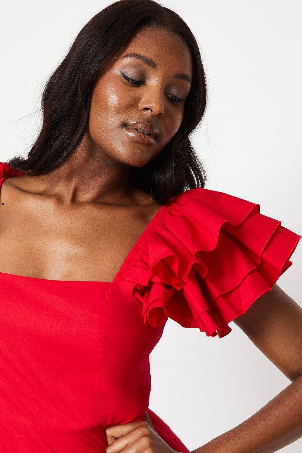 Coast Frill Sleeve Ruffle Skirt Cotton Midi Dress in Red Lyst