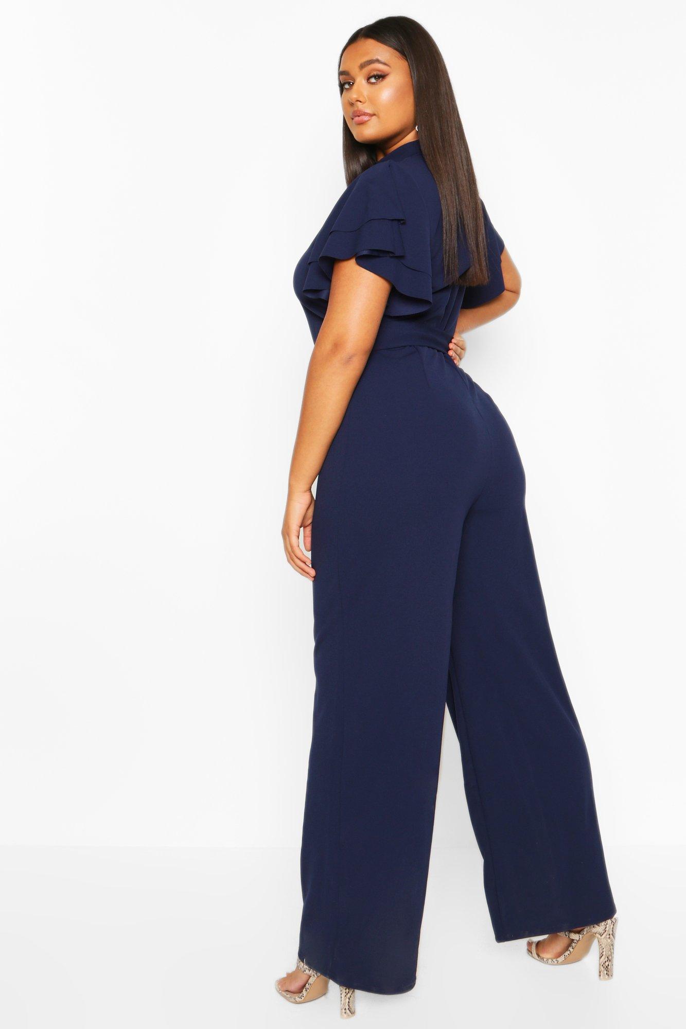 Blue Womens Clothing Jumpsuits and rompers Full-length jumpsuits and rompers Goddiva One Shoulder Frill Jumpsuit in Navy 